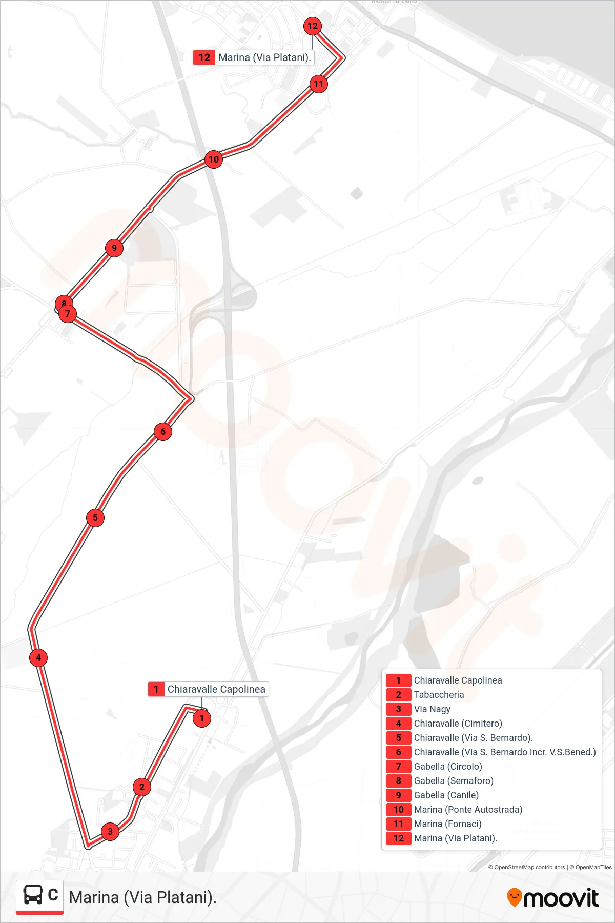 Linea C bus (Marina (Via Platani).) - Percorsi e fermate sulla mappa