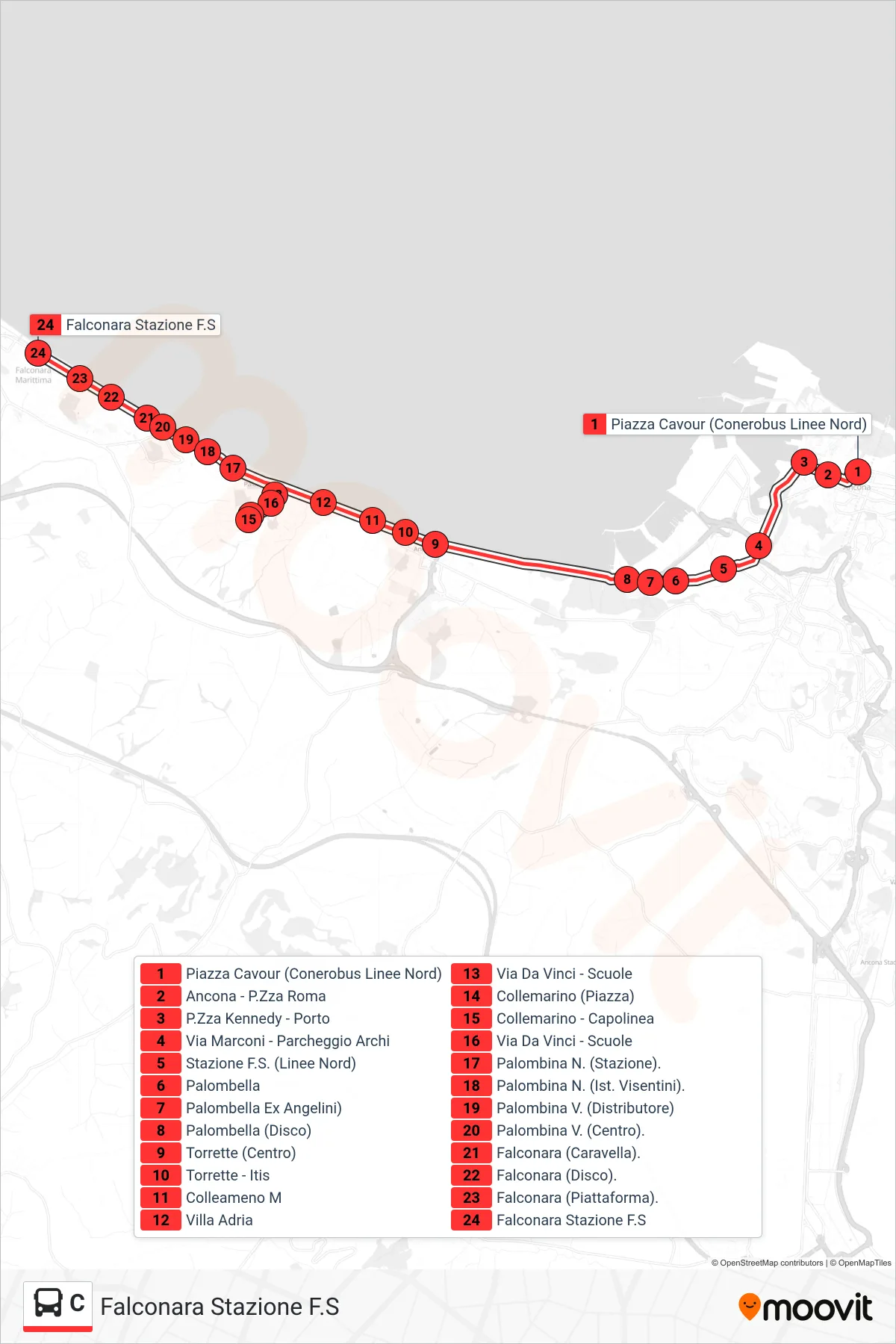 Linea C bus (Falconara Stazione F.S) - Percorsi e fermate sulla mappa