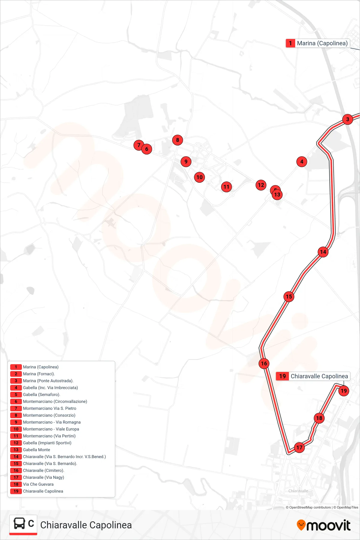 Linea C bus (Chiaravalle Capolinea) - Percorsi e fermate sulla mappa