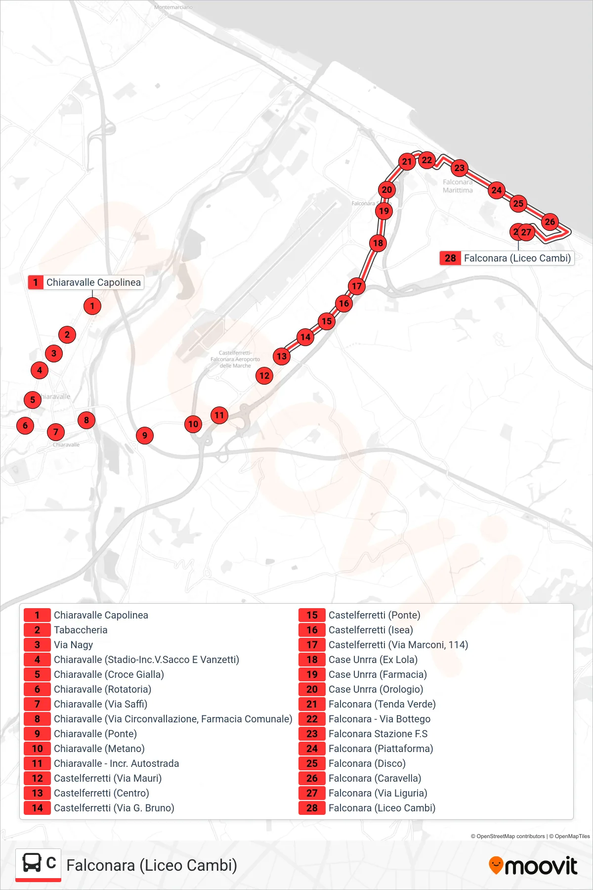 Linea C bus (Falconara (Liceo Cambi)) - Percorsi e fermate sulla mappa