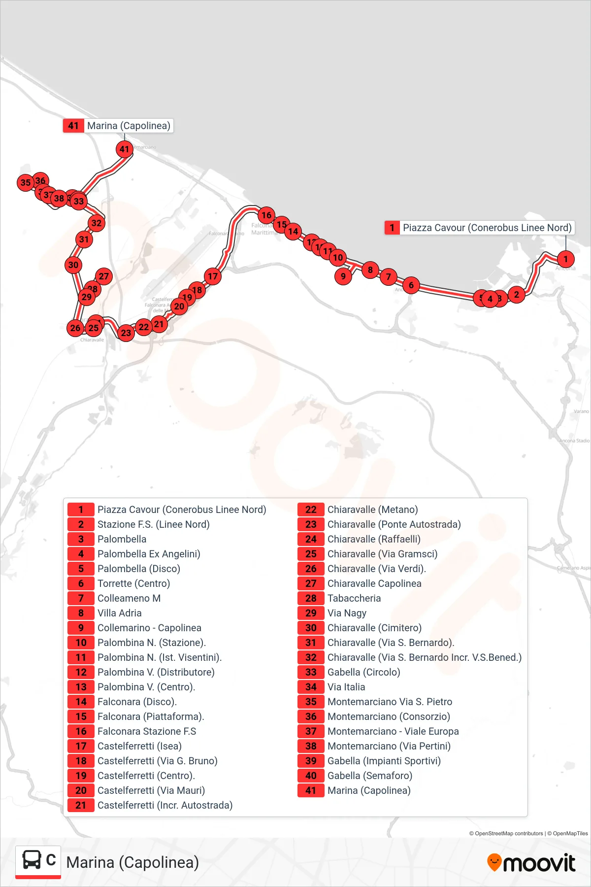 C bus Line (Marina (Terminal)) route and stops on a map