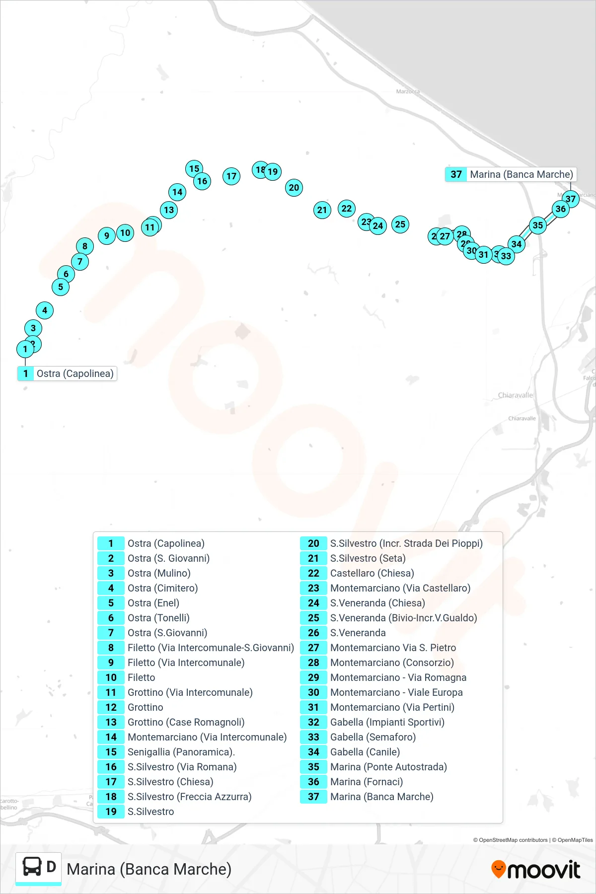 Linea D  bus (Marina (Banca Marche)) - Percorsi e fermate sulla mappa