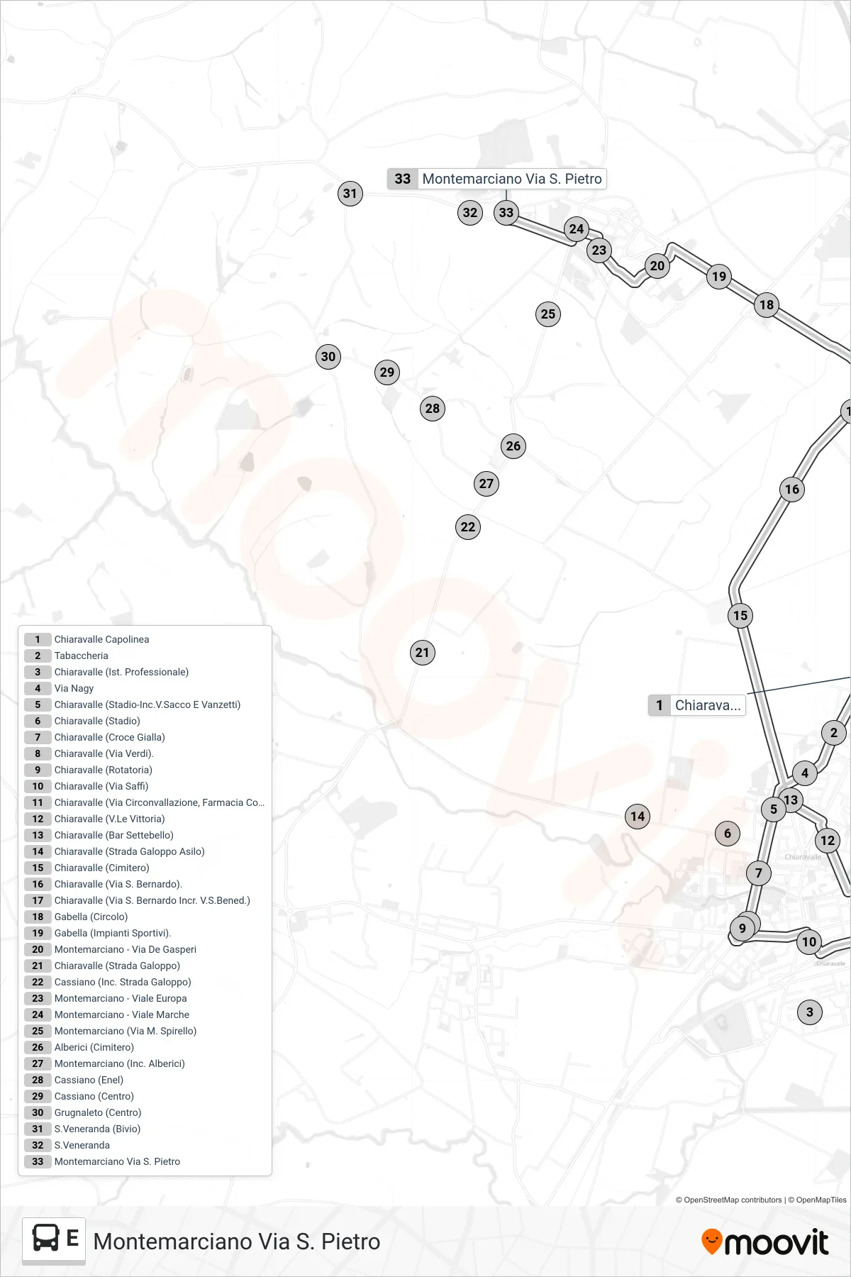 Linea E bus (Montemarciano Via S. Pietro) - Percorsi e fermate sulla mappa