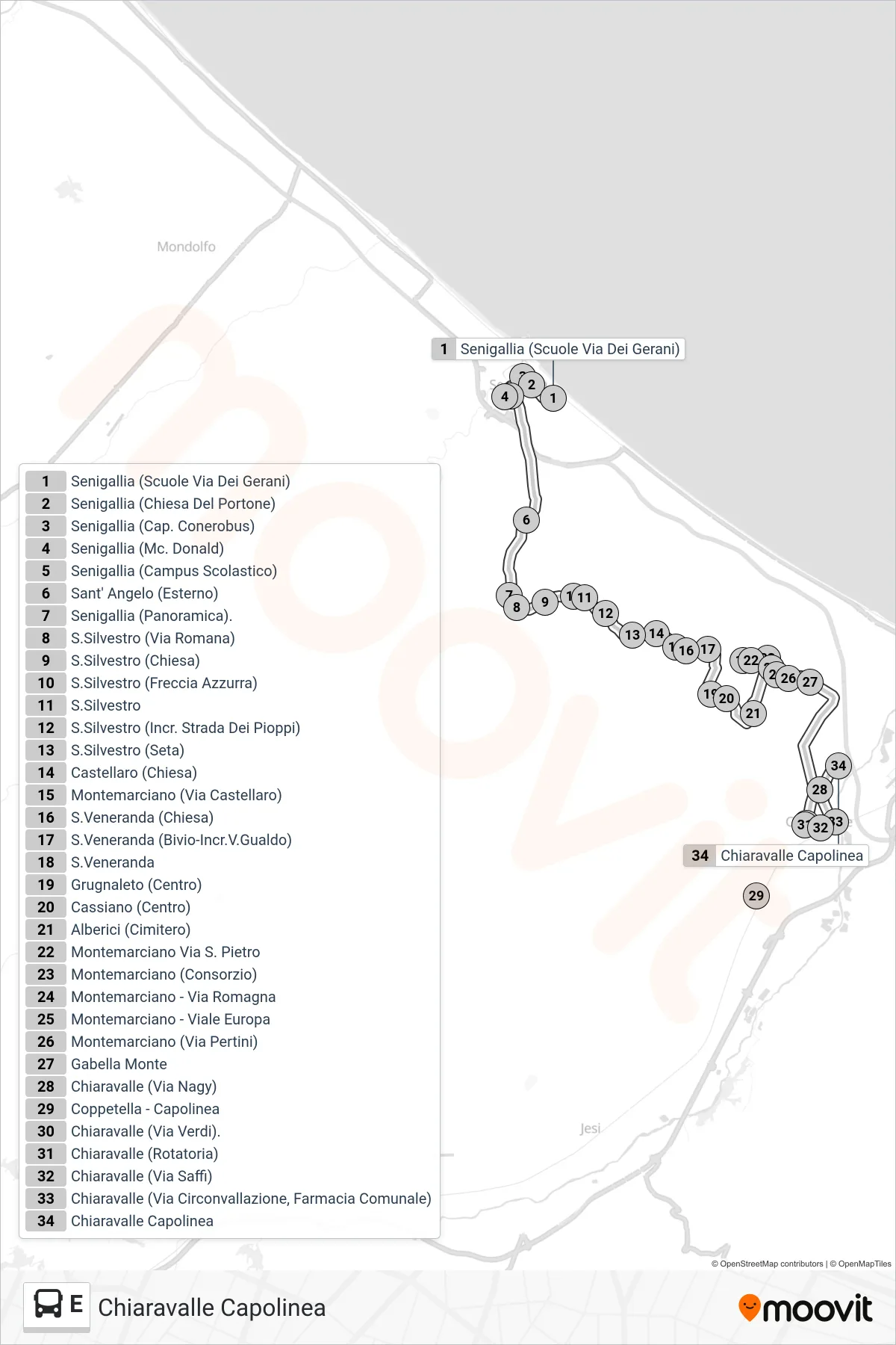 Linea E  bus (Chiaravalle Capolinea) - Percorsi e fermate sulla mappa