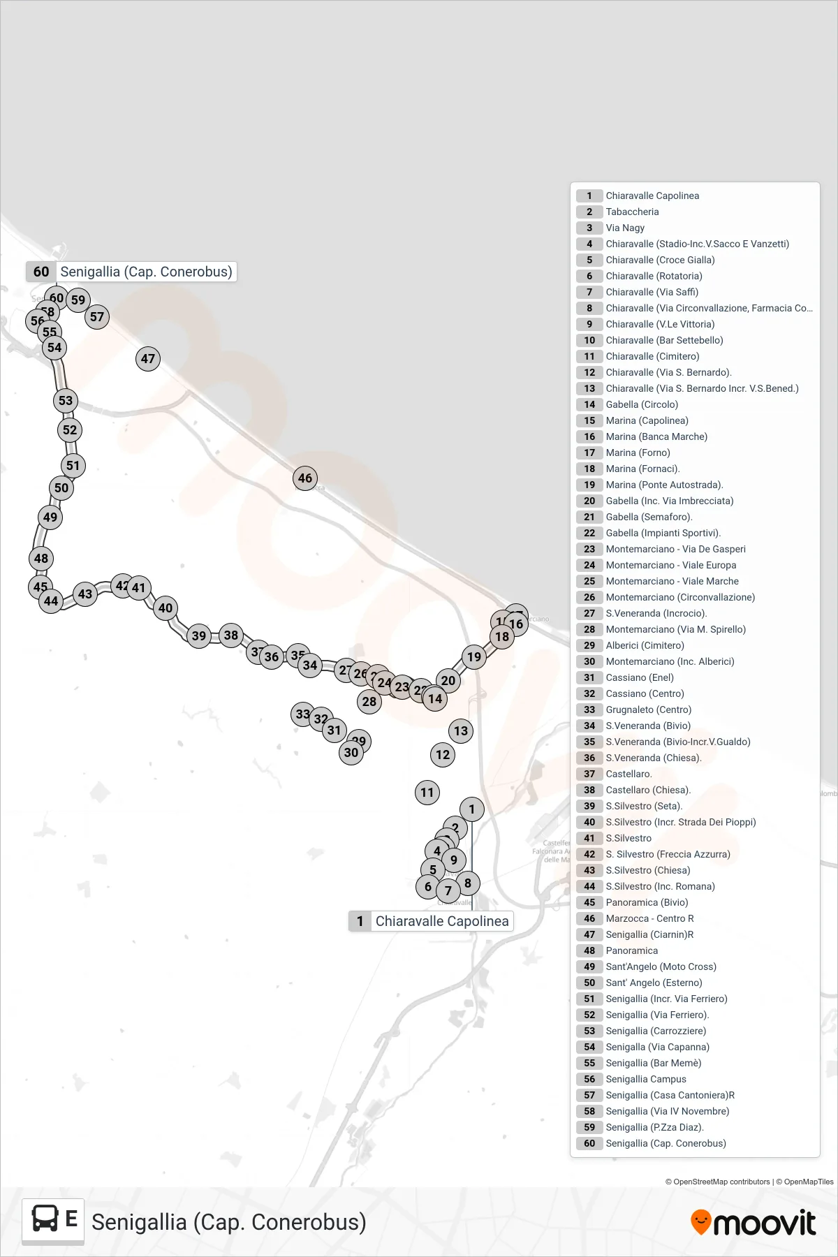 Linea E bus (Senigallia (Cap. Conerobus)) - Percorsi e fermate sulla mappa