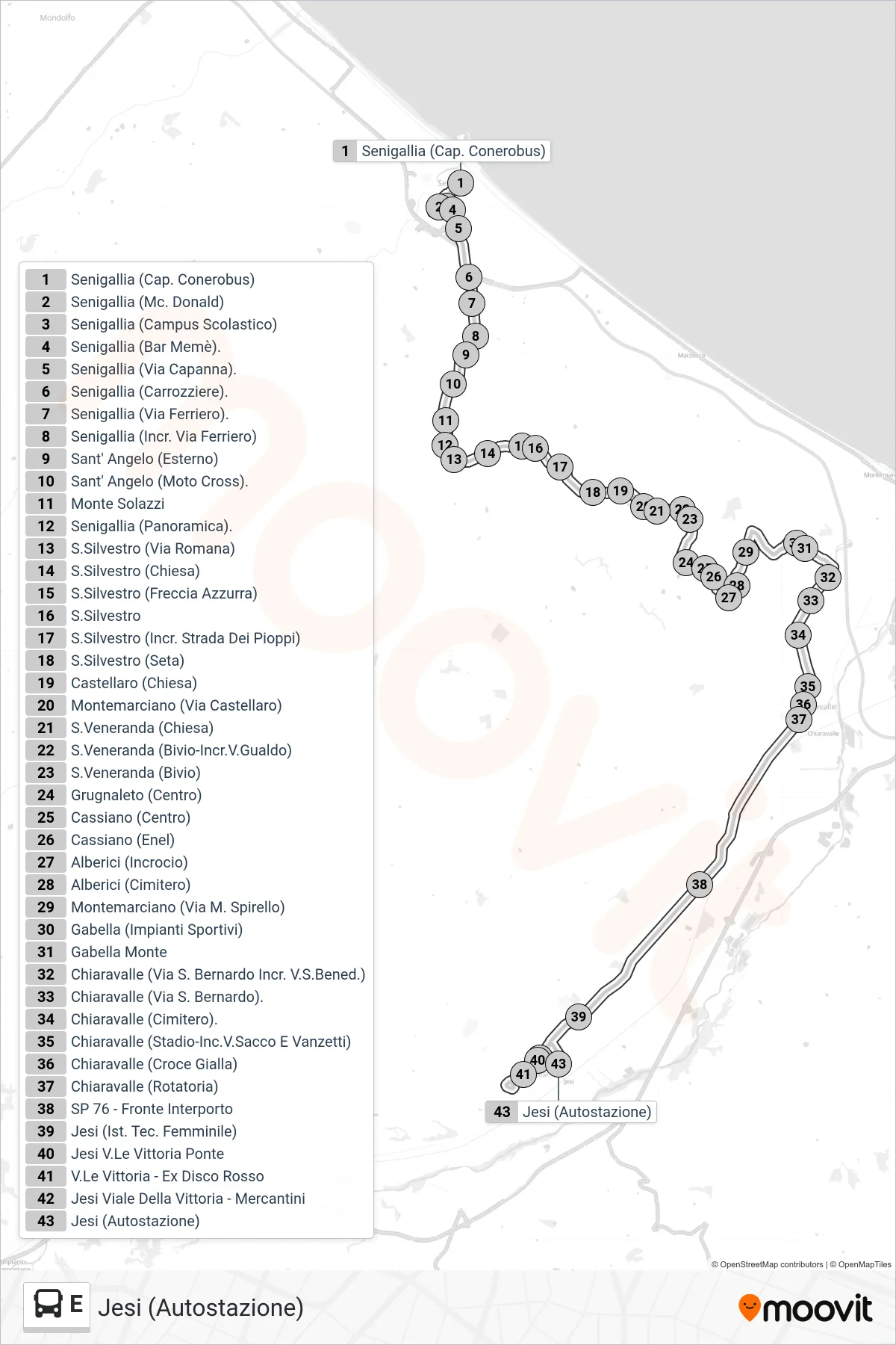 Linea E bus (Jesi (Autostazione)) - Percorsi e fermate sulla mappa