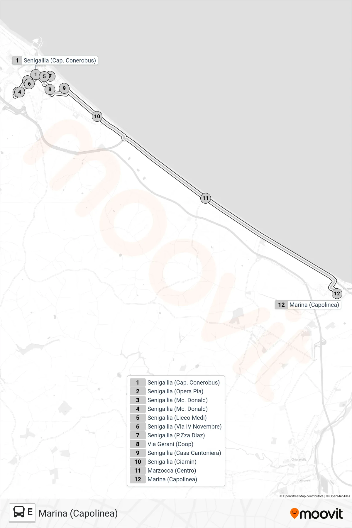 Linea E  bus (Marina (Capolinea)) - Percorsi e fermate sulla mappa