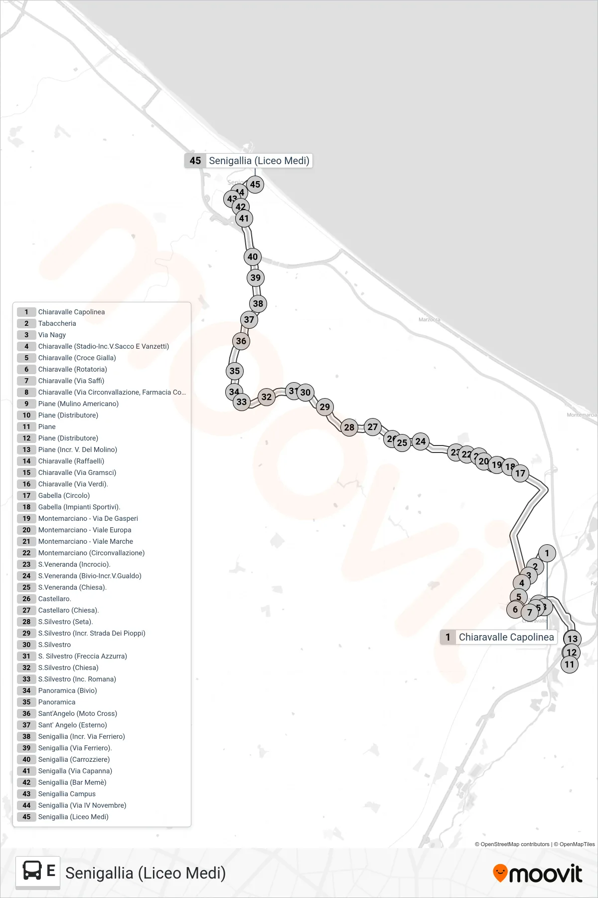 Linea E bus (Senigallia (Liceo Medi)) - Percorsi e fermate sulla mappa