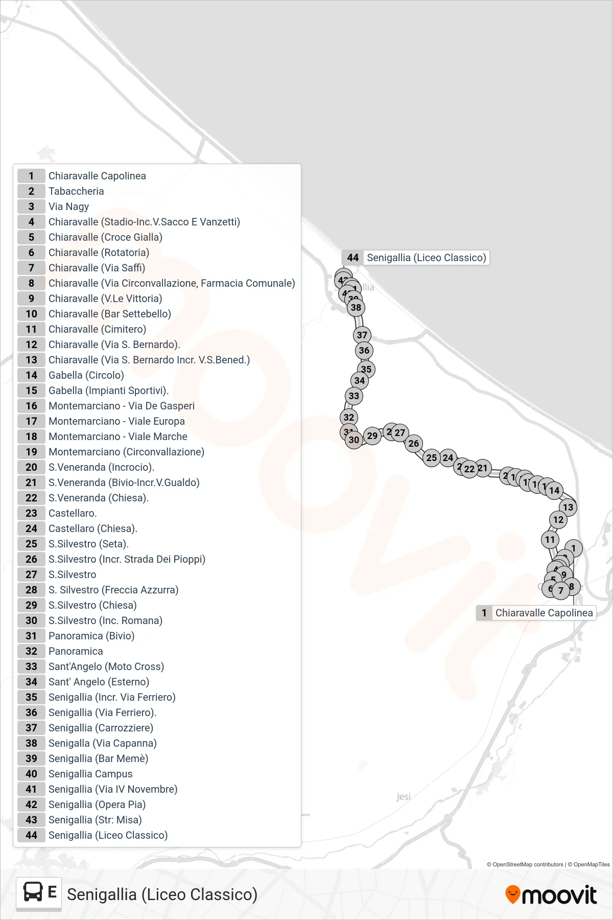 Linea E  bus (Senigallia (Liceo Classico)) - Percorsi e fermate sulla mappa