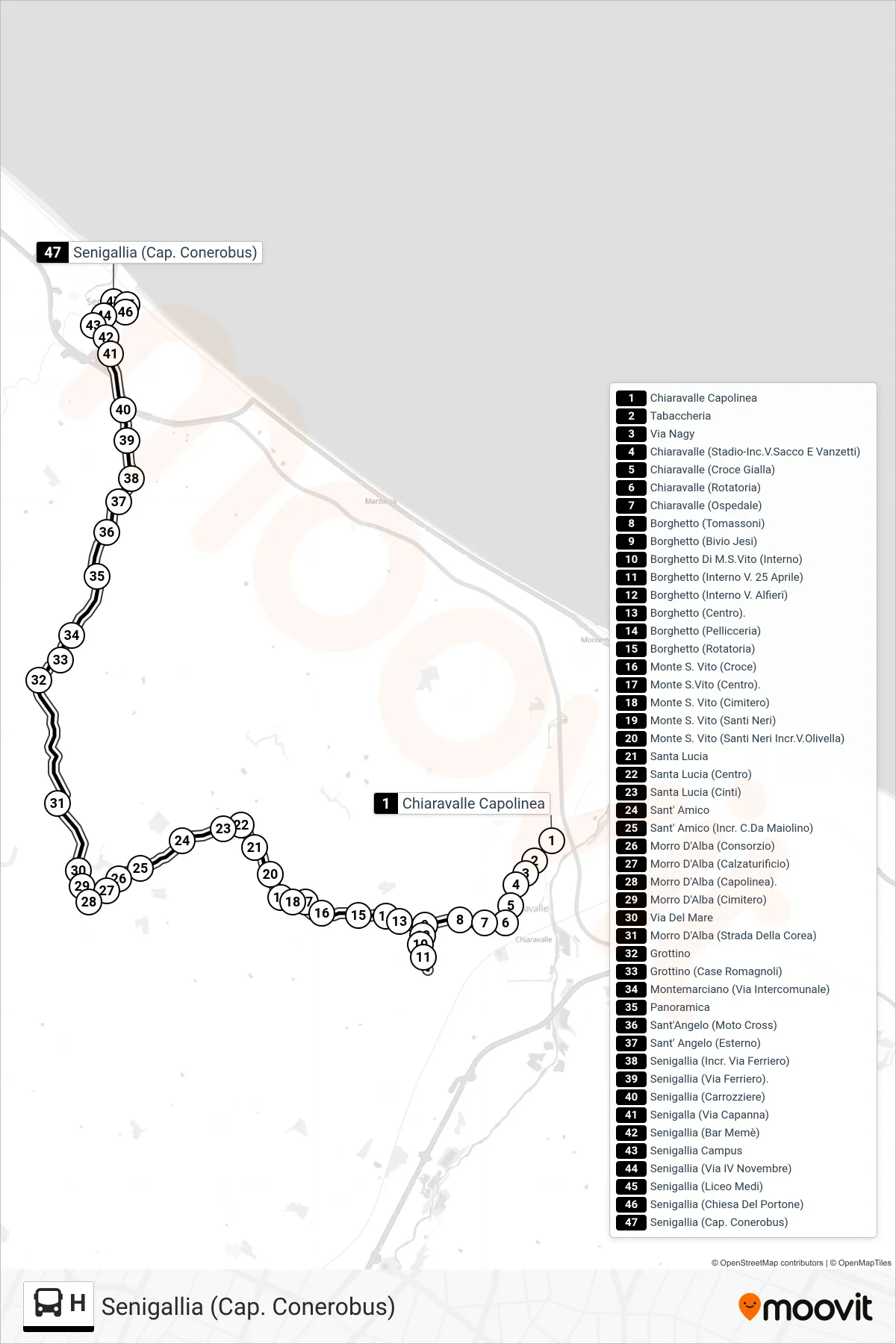 Linea H bus (Senigallia (Cap. Conerobus)) - Percorsi e fermate sulla mappa
