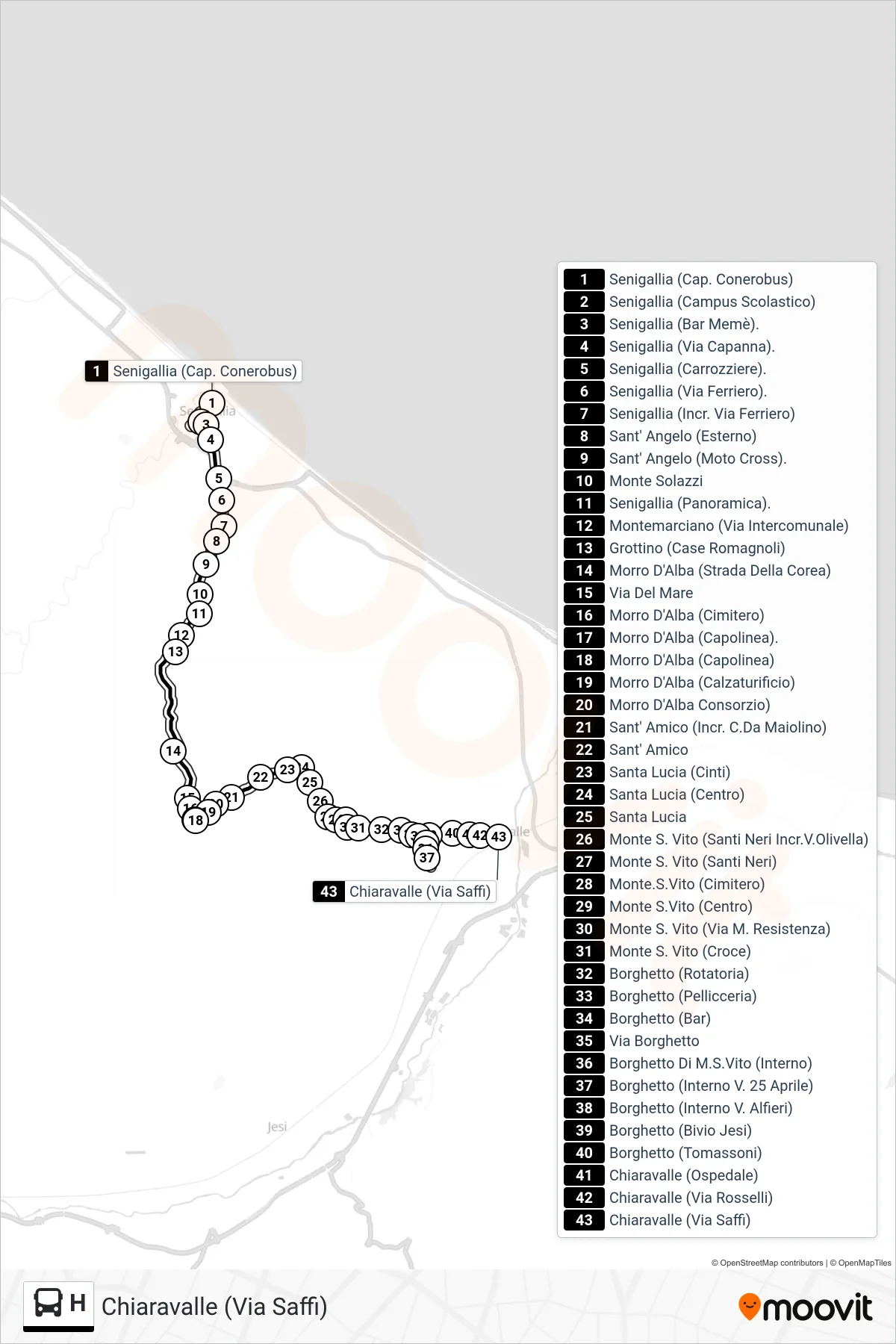 Linea H  bus (Chiaravalle  (Via Saffi)) - Percorsi e fermate sulla mappa
