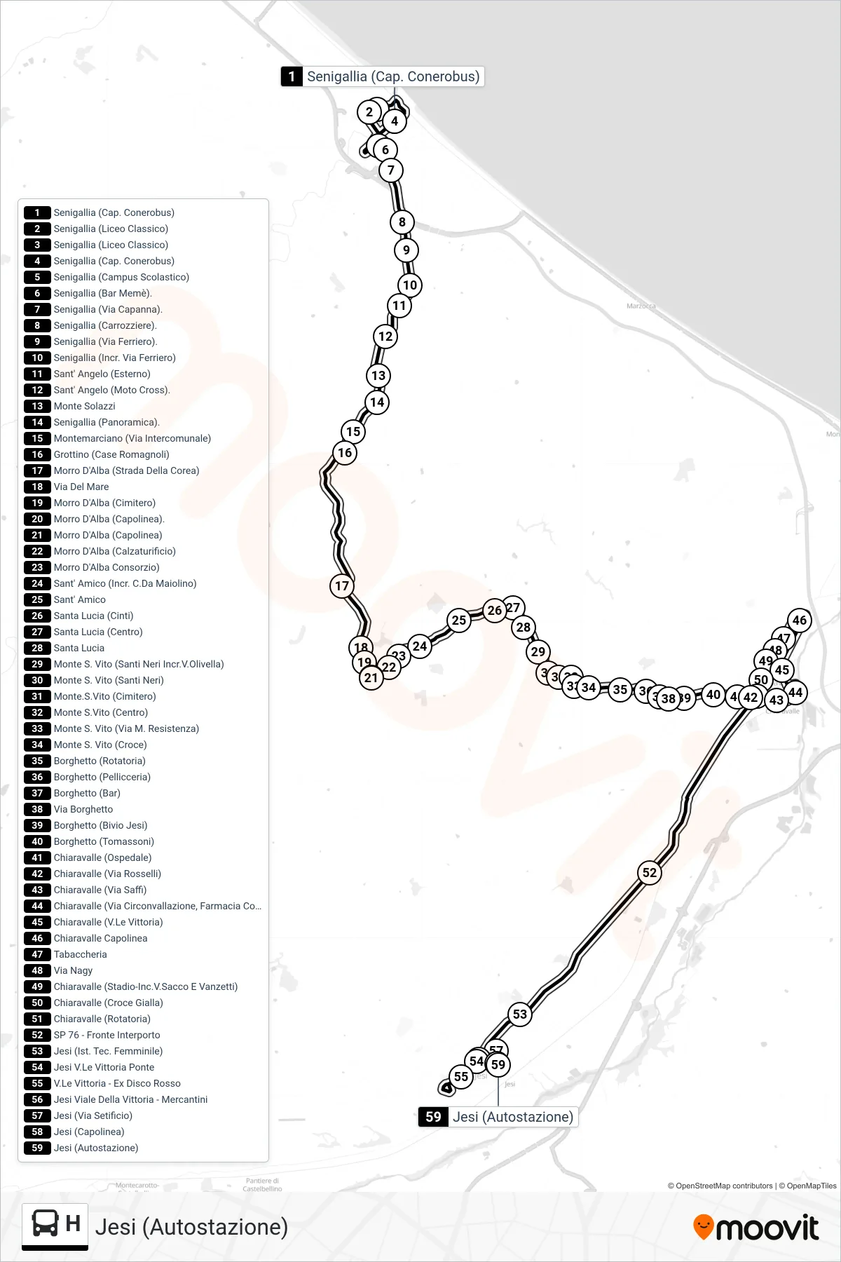 Linea H bus (Jesi (Autostazione)) - Percorsi e fermate sulla mappa
