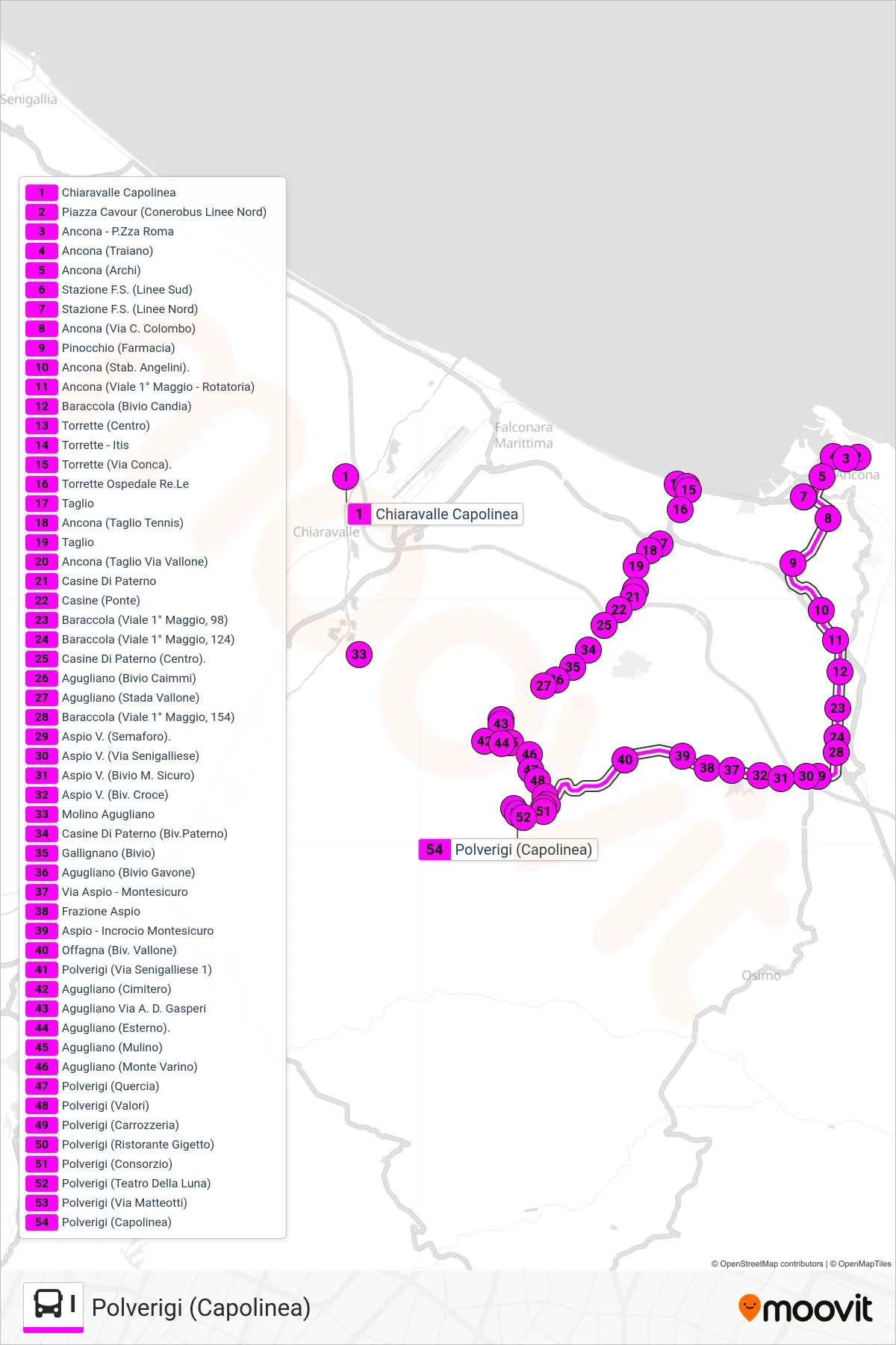 Linea I  bus (Polverigi (Capolinea)) - Percorsi e fermate sulla mappa