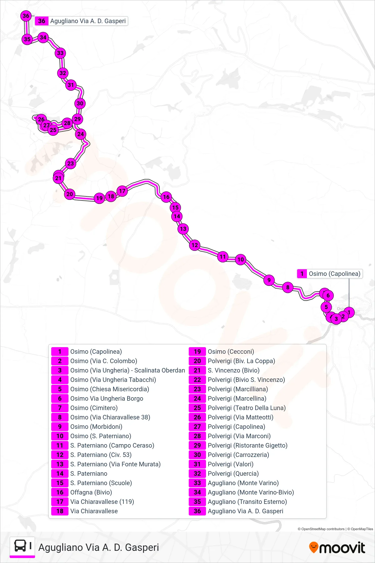 Linea I  bus (Agugliano Via A. D. Gasperi) - Percorsi e fermate sulla mappa