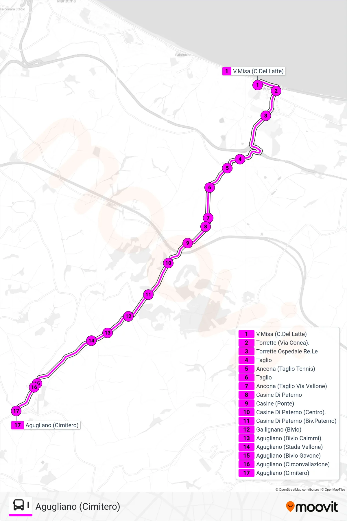 Linea I bus (Agugliano (Cimitero)) - Percorsi e fermate sulla mappa