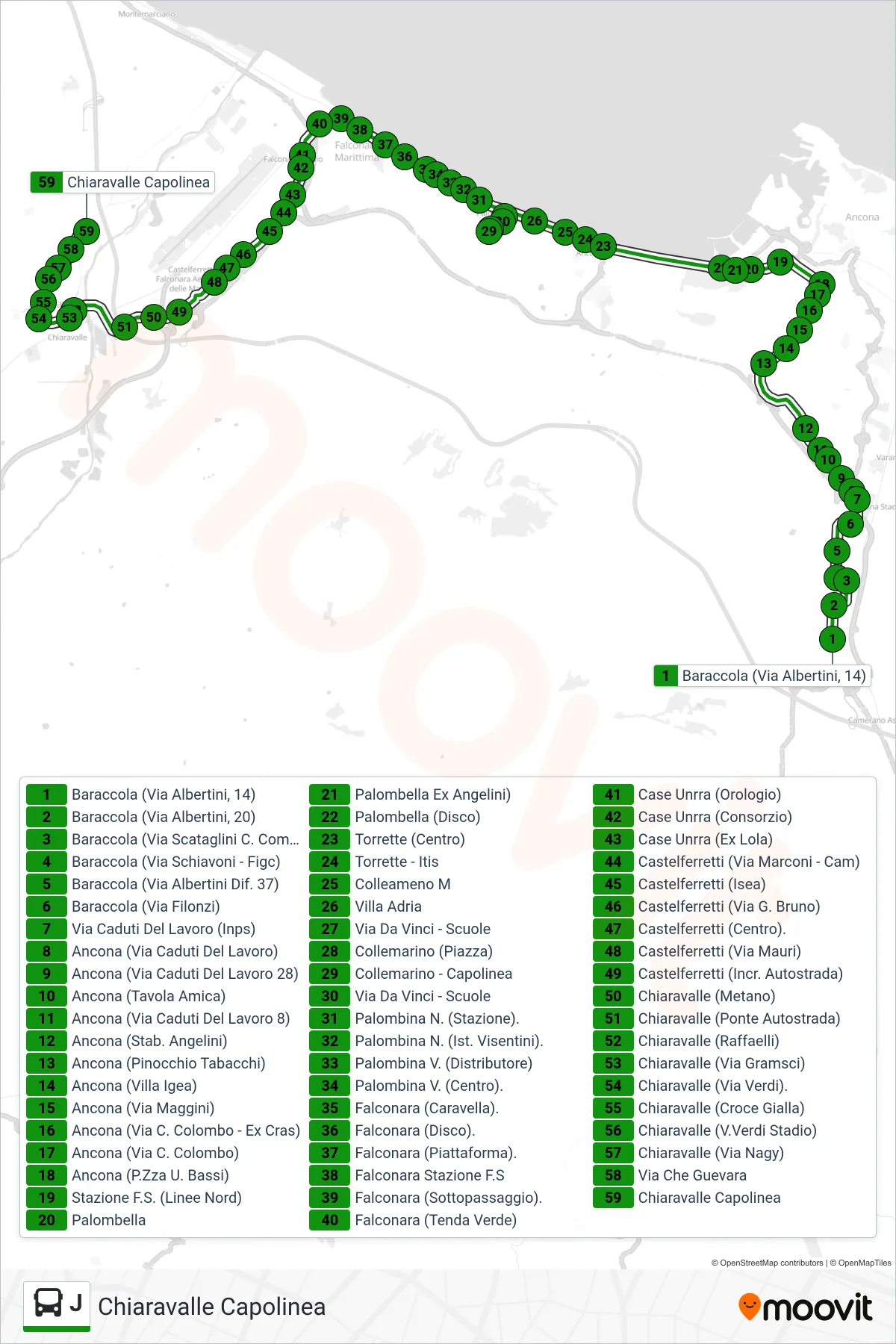 Linea J  bus (Chiaravalle Capolinea) - Percorsi e fermate sulla mappa