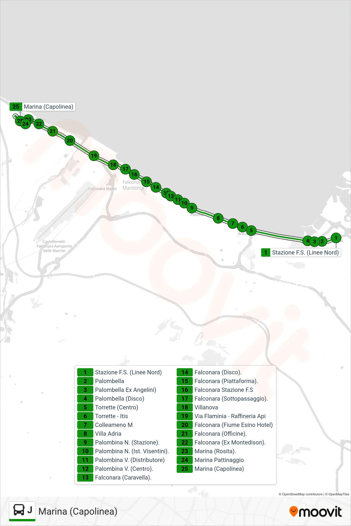 Linea J  bus (Marina (Capolinea)) - Percorsi e fermate sulla mappa