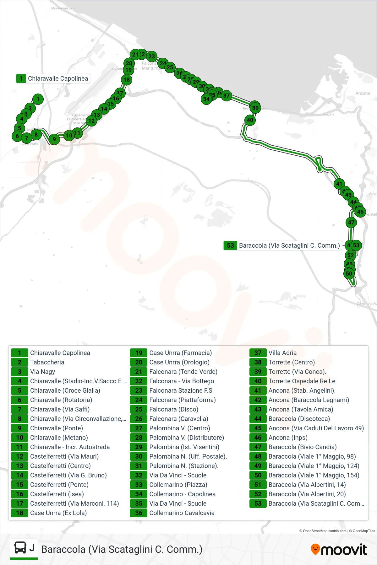 Linea J  bus (Baraccola (Via Scataglini C. Comm.)) - Percorsi e fermate sulla mappa