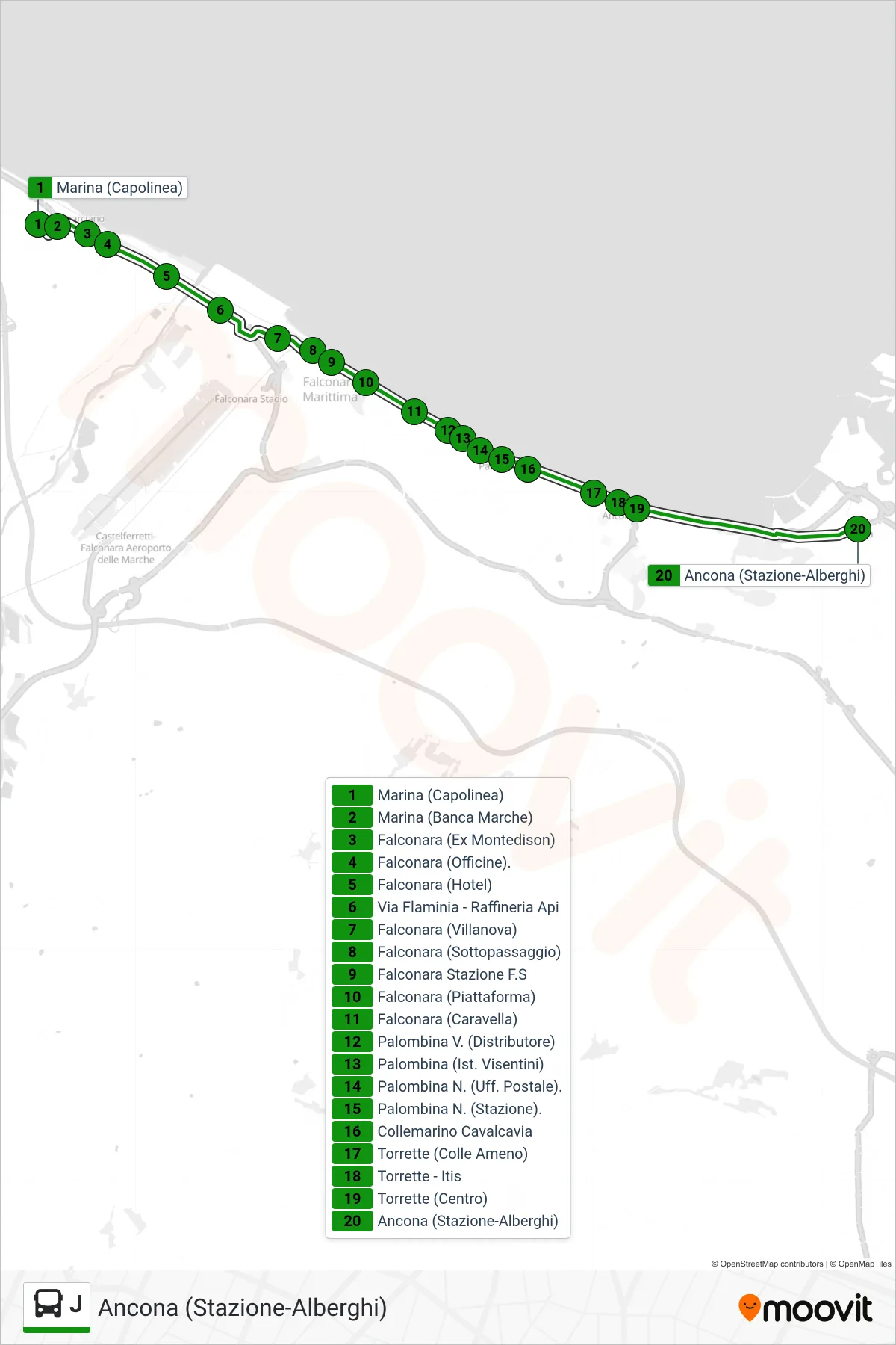 Linea J bus (Ancona (Stazione-Alberghi)) - Percorsi e fermate sulla mappa