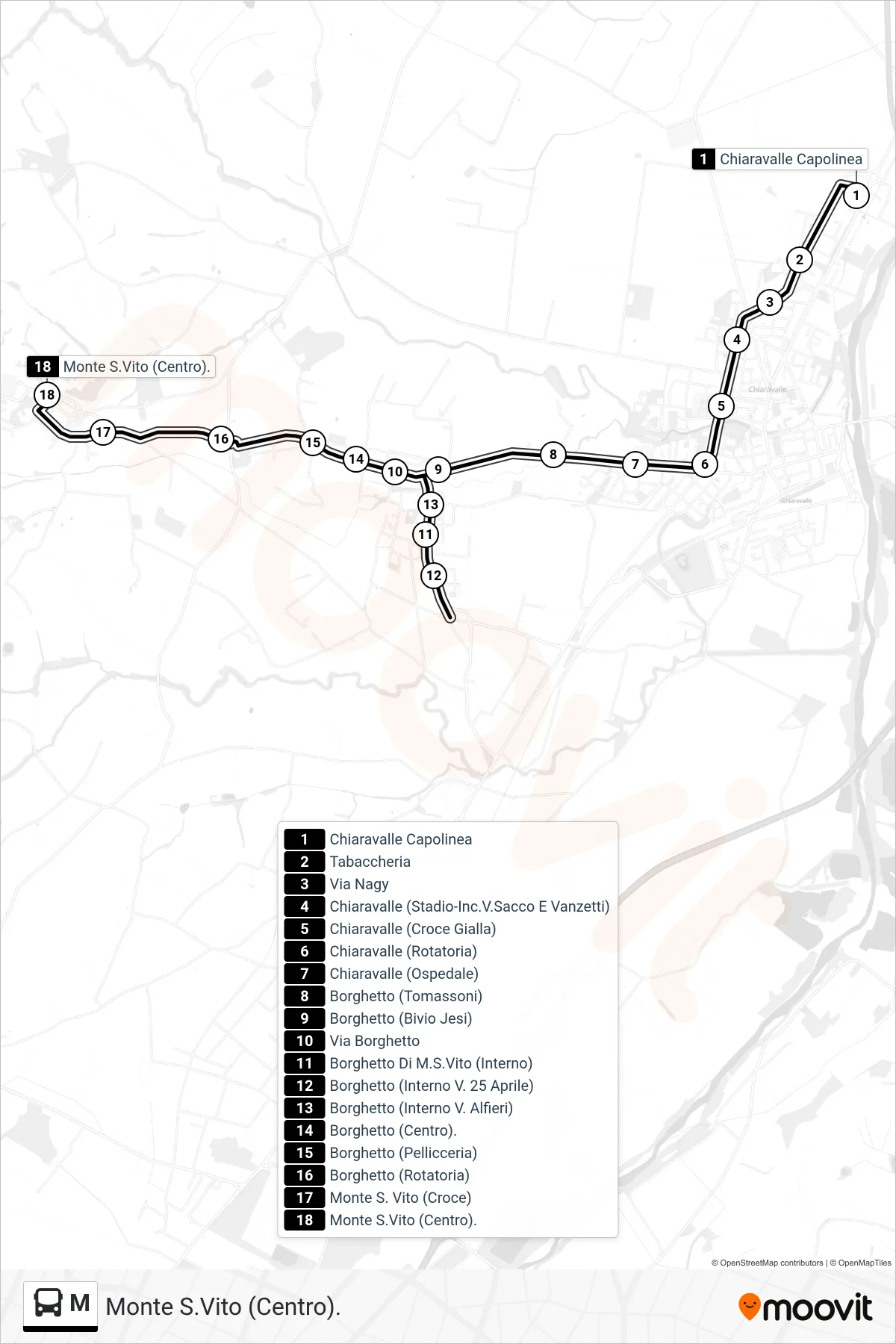 Linea M bus (Monte S.Vito (Centro).) - Percorsi e fermate sulla mappa