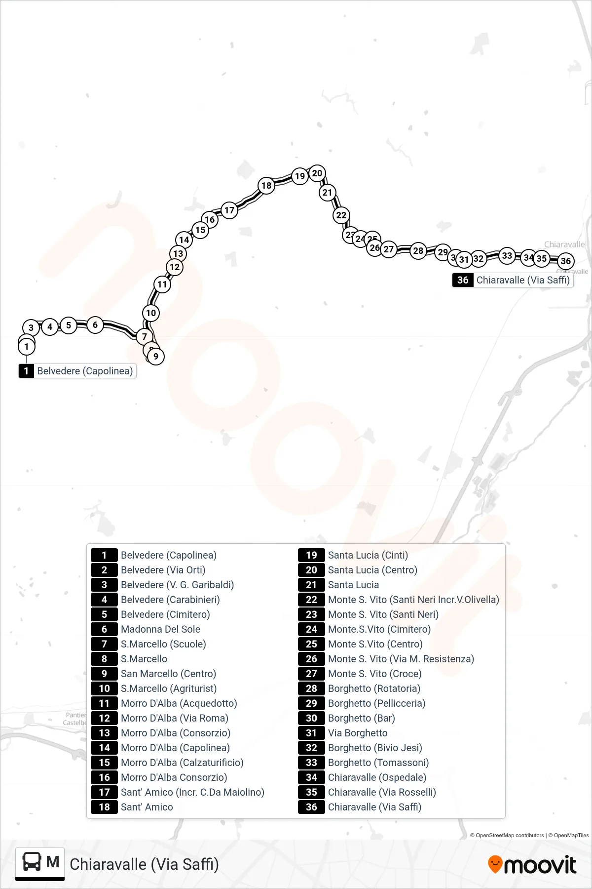 Linea M  bus (Chiaravalle  (Via Saffi)) - Percorsi e fermate sulla mappa