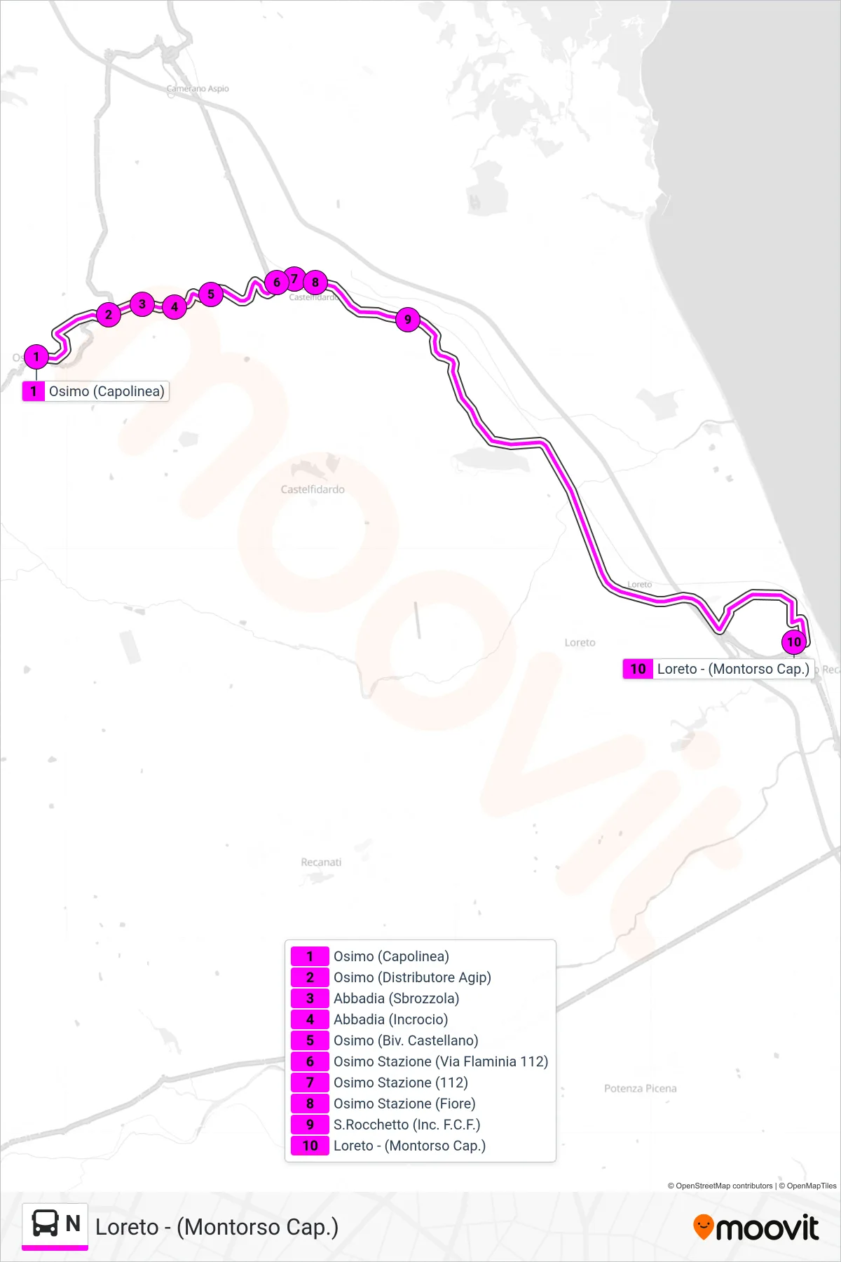 Linea N  bus (Loreto - (Montorso Cap.)) - Percorsi e fermate sulla mappa