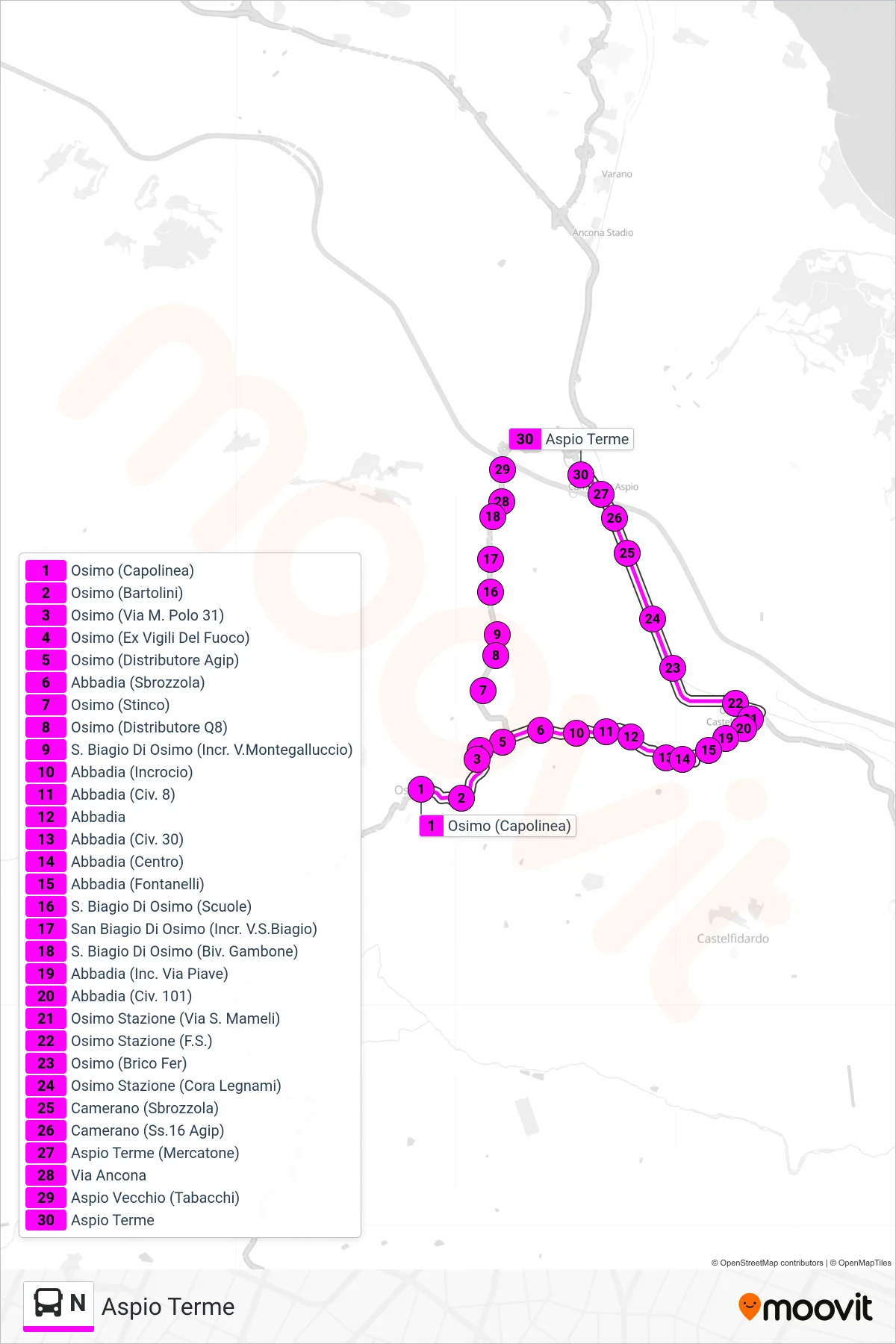Linea N  bus (Aspio Terme) - Percorsi e fermate sulla mappa