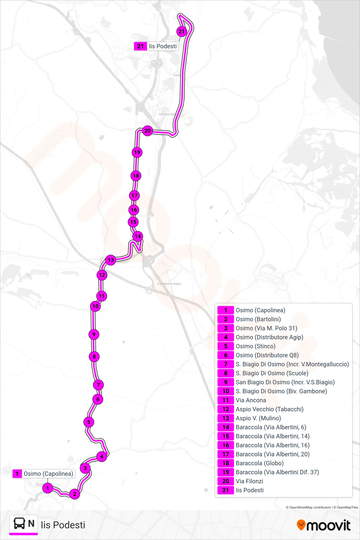 Linea N bus (Iis Podesti) - Percorsi e fermate sulla mappa