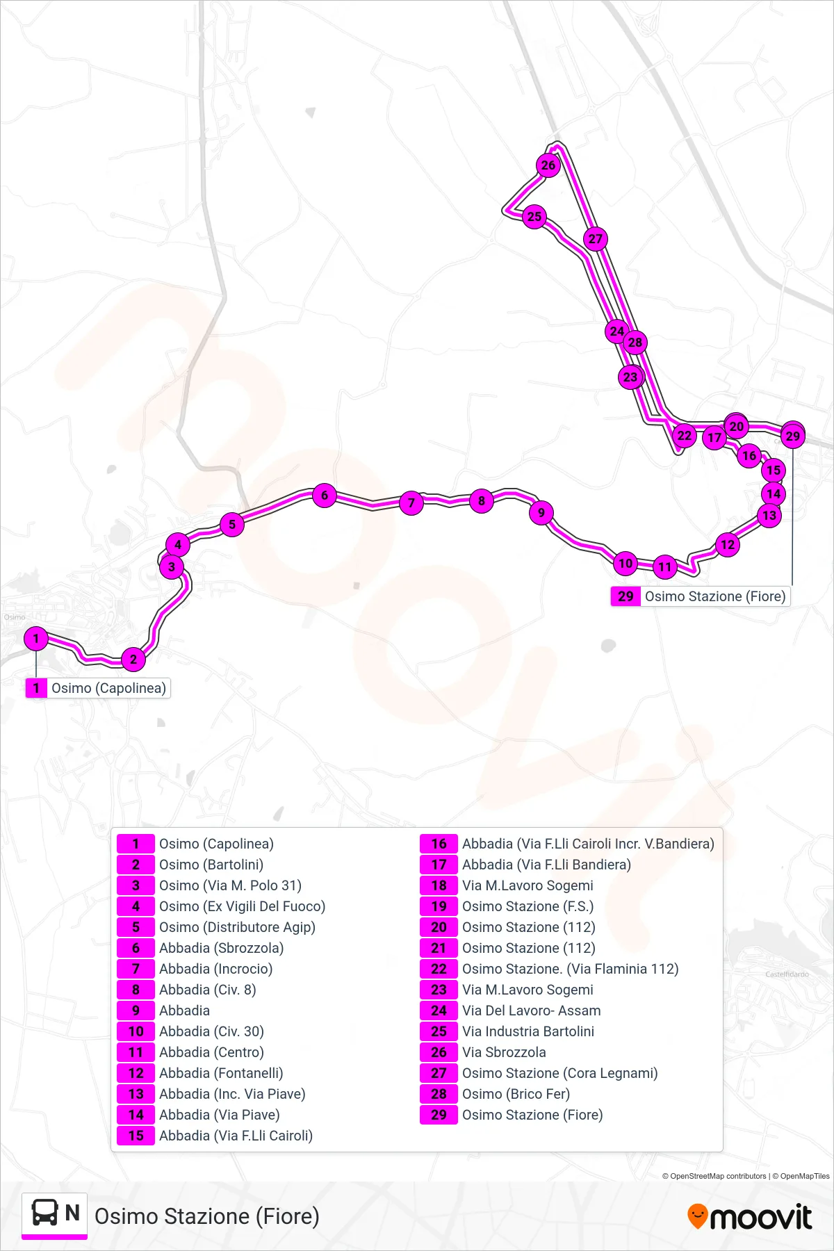 Linea N  bus (Osimo Stazione (Fiore)) - Percorsi e fermate sulla mappa