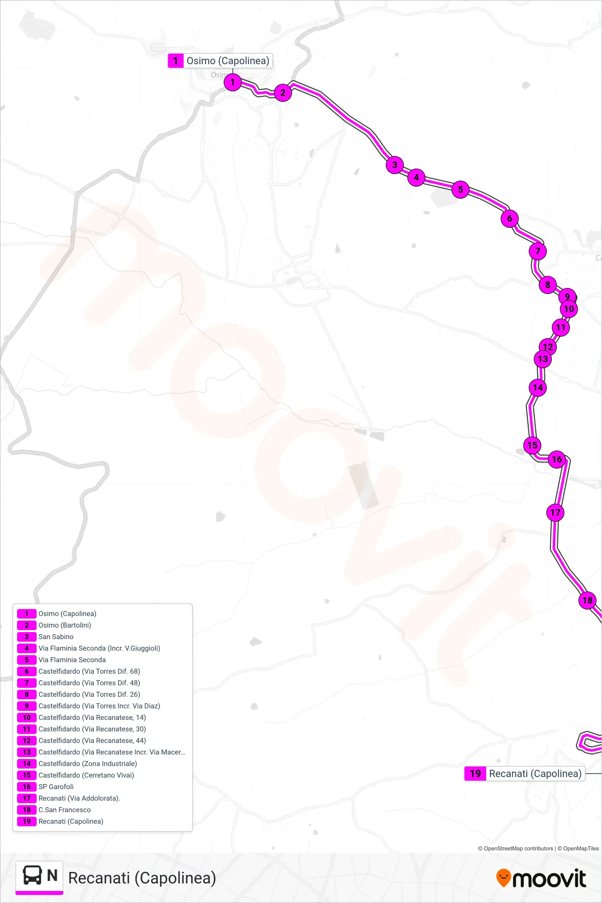 Linea N  bus (Recanati (Capolinea)) - Percorsi e fermate sulla mappa