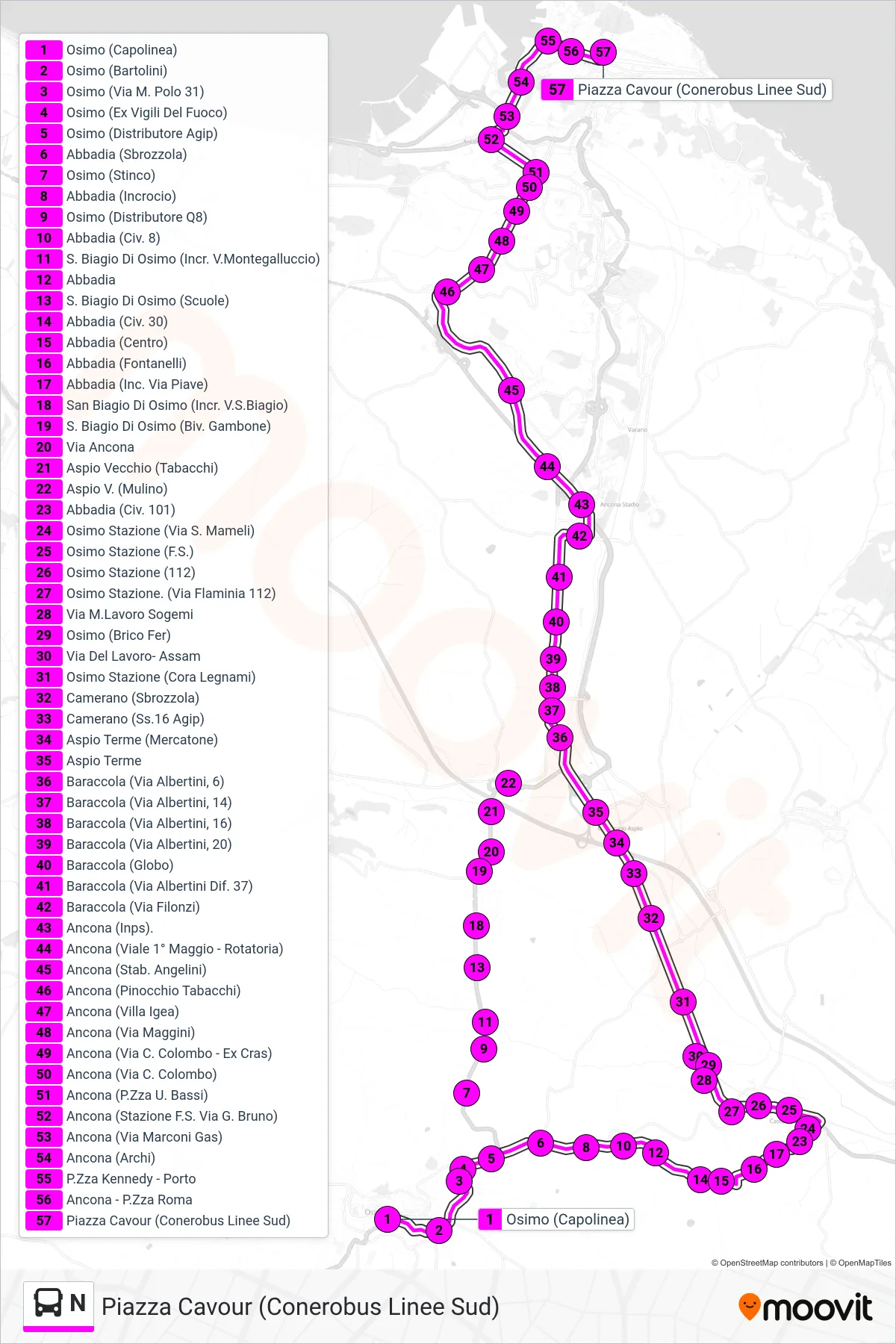 Linea N bus (Piazza Cavour (Conerobus Linee Sud)) - Percorsi e fermate sulla mappa