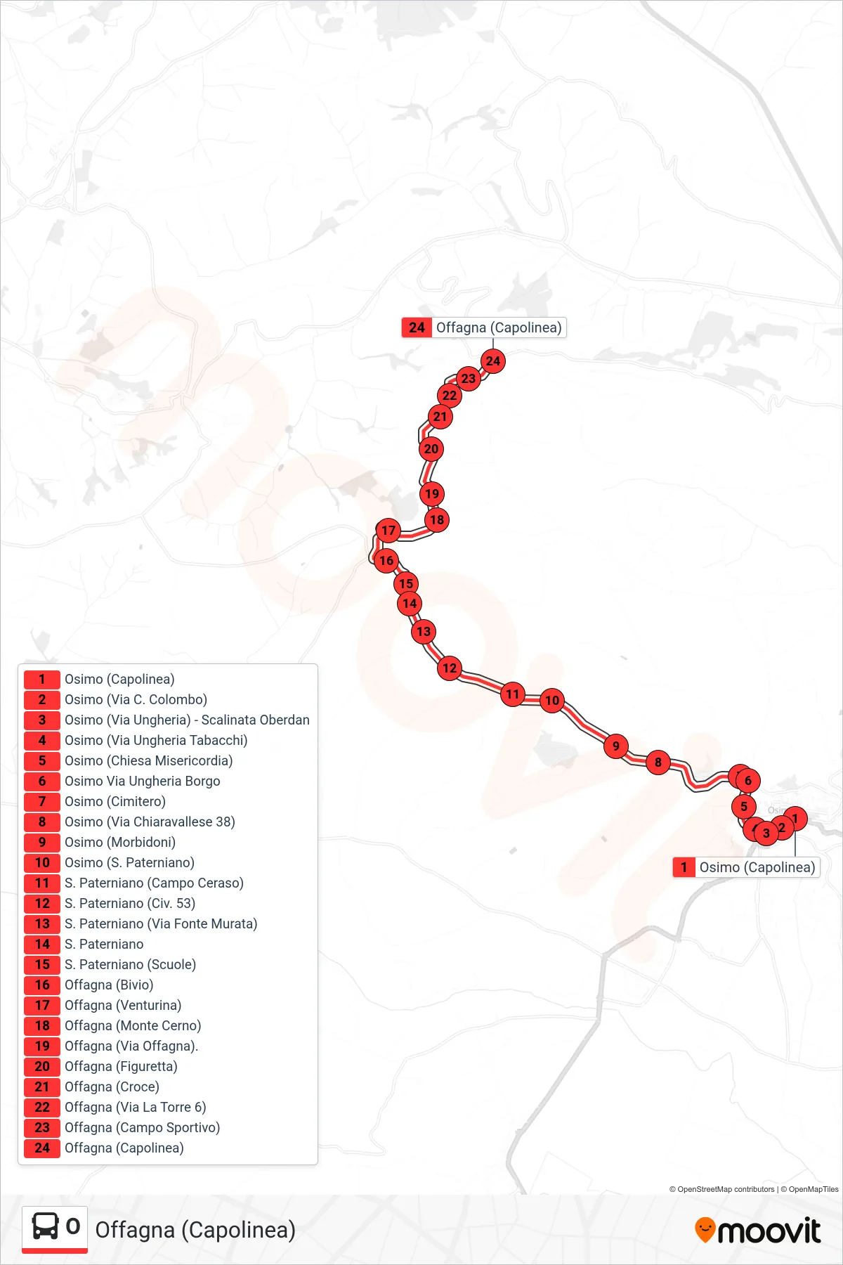 Linea O bus (Offagna (Capolinea)) - Percorsi e fermate sulla mappa