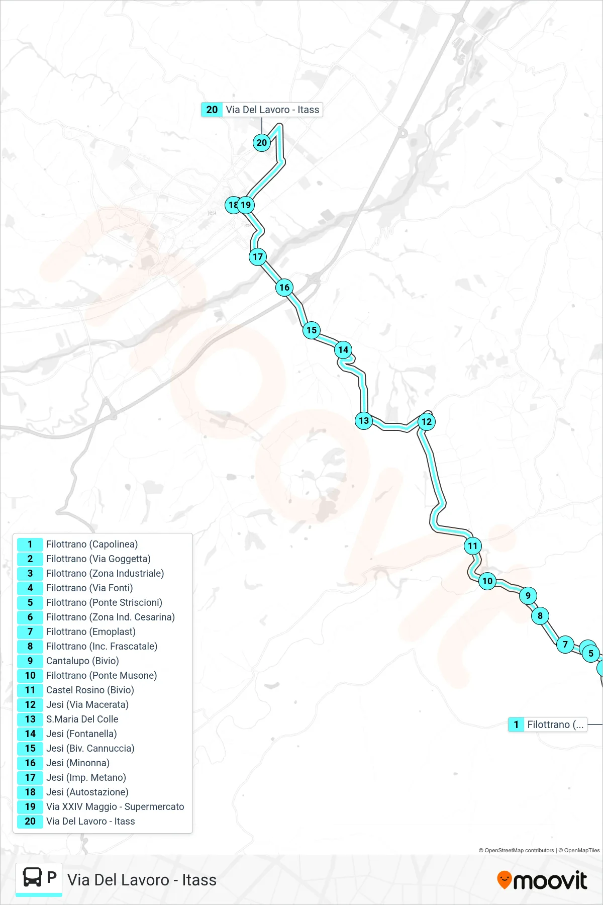 Linea P  bus (Via Del Lavoro -  Itass) - Percorsi e fermate sulla mappa
