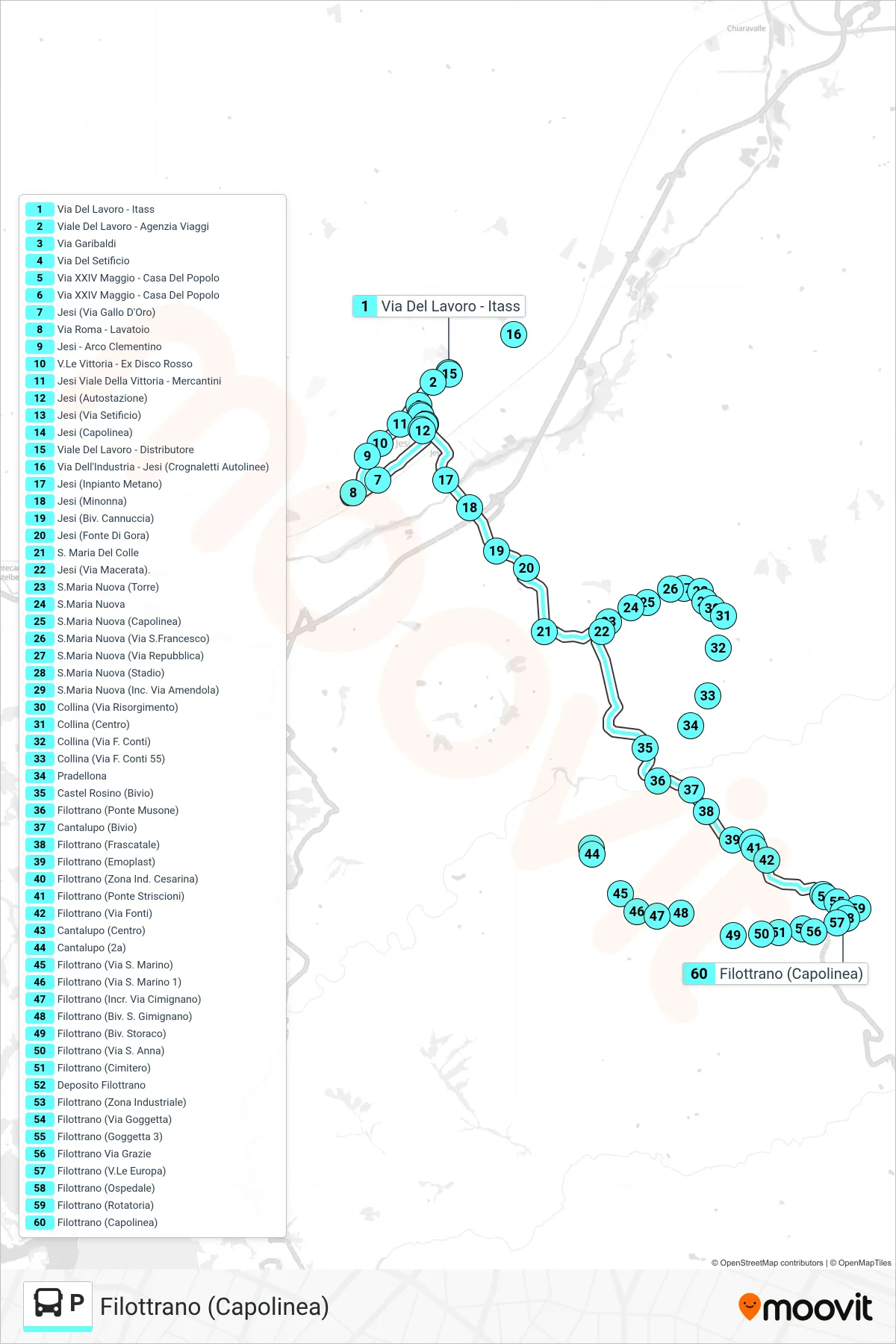 Linea P bus (Filottrano (Capolinea)) - Percorsi e fermate sulla mappa