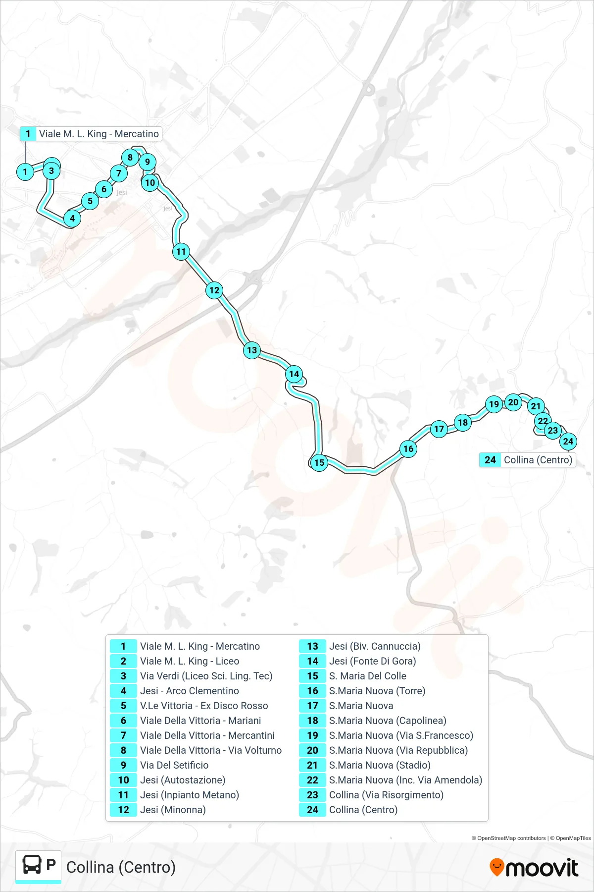 Linea P bus (Collina (Centro)) - Percorsi e fermate sulla mappa