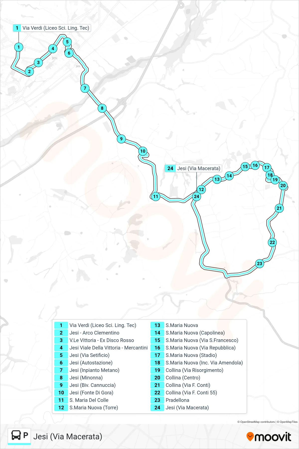 Linea P bus (Jesi (Via Macerata)) - Percorsi e fermate sulla mappa