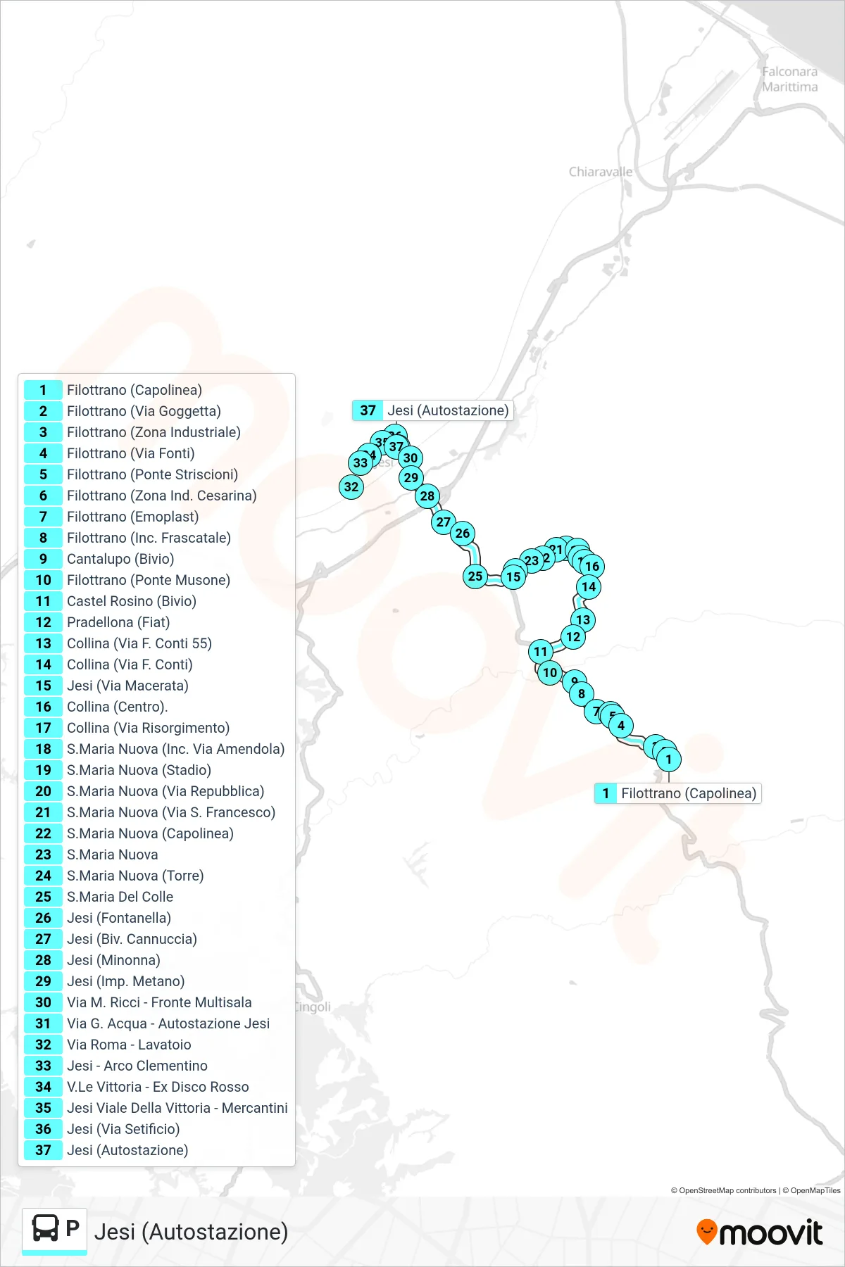 Linea P bus (Jesi (Autostazione)) - Percorsi e fermate sulla mappa