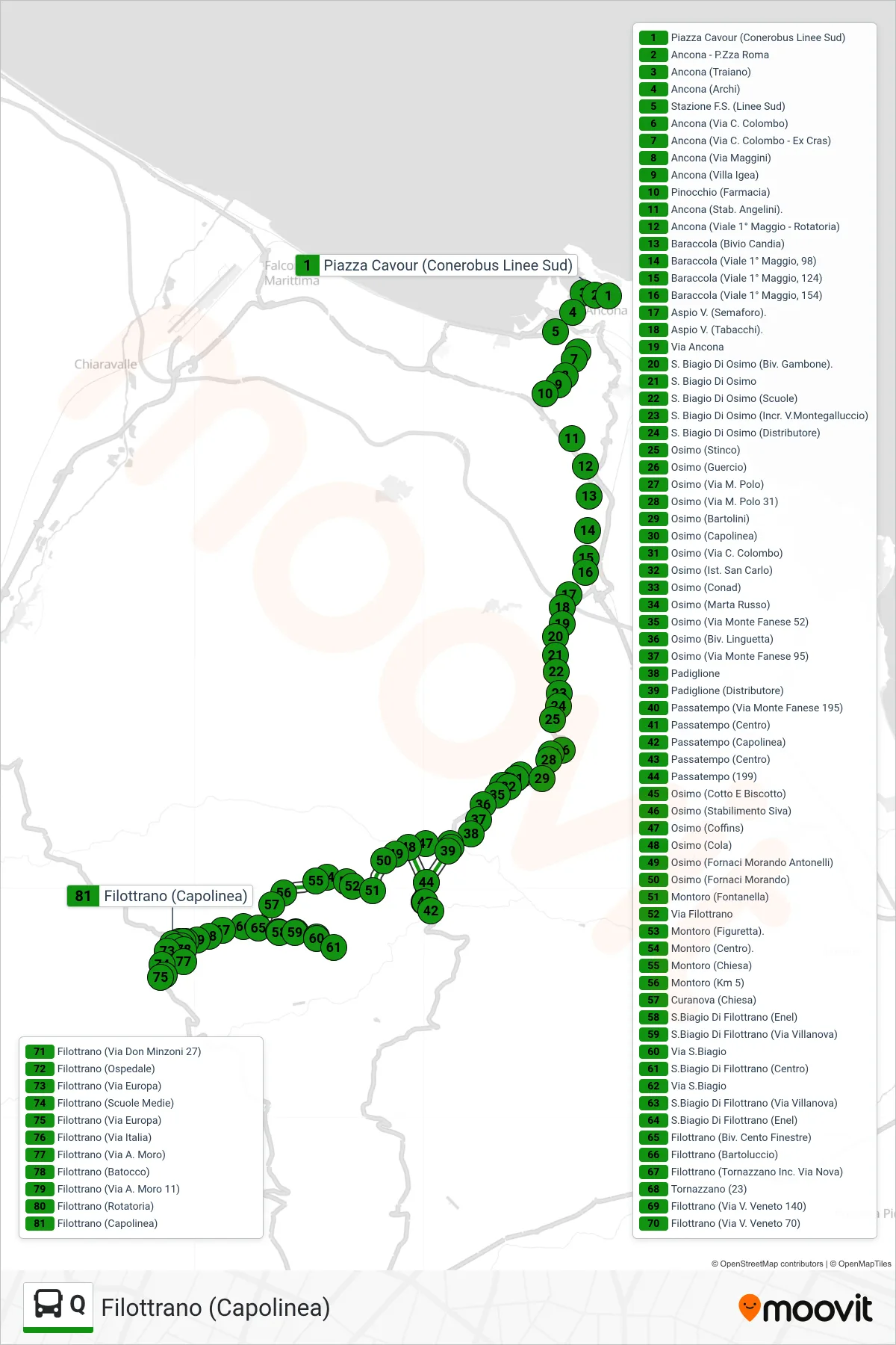 Linea Q  bus (Filottrano (Capolinea)) - Percorsi e fermate sulla mappa