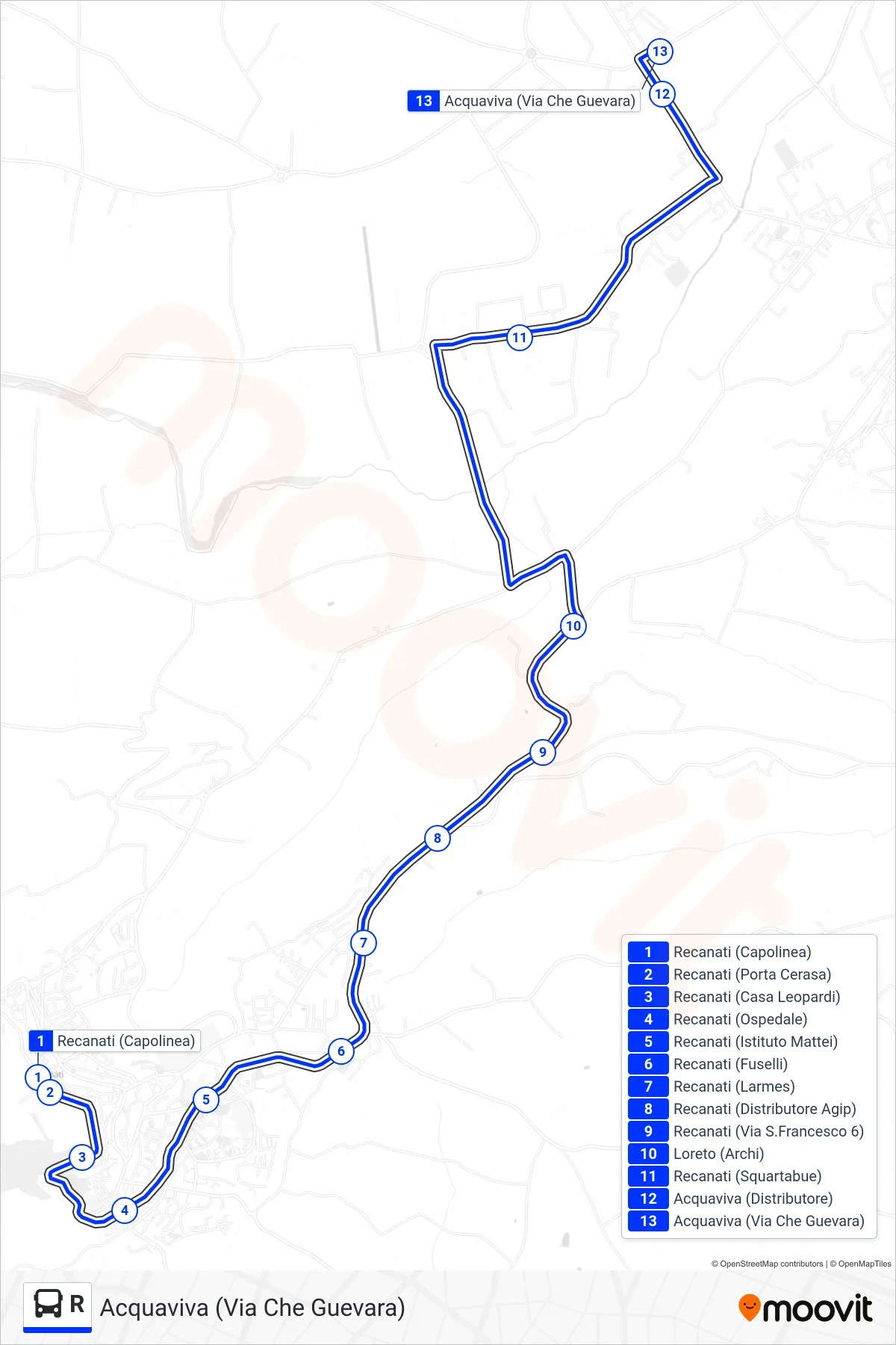 Linea R  bus (Acquaviva  (Via Che Guevara)) - Percorsi e fermate sulla mappa