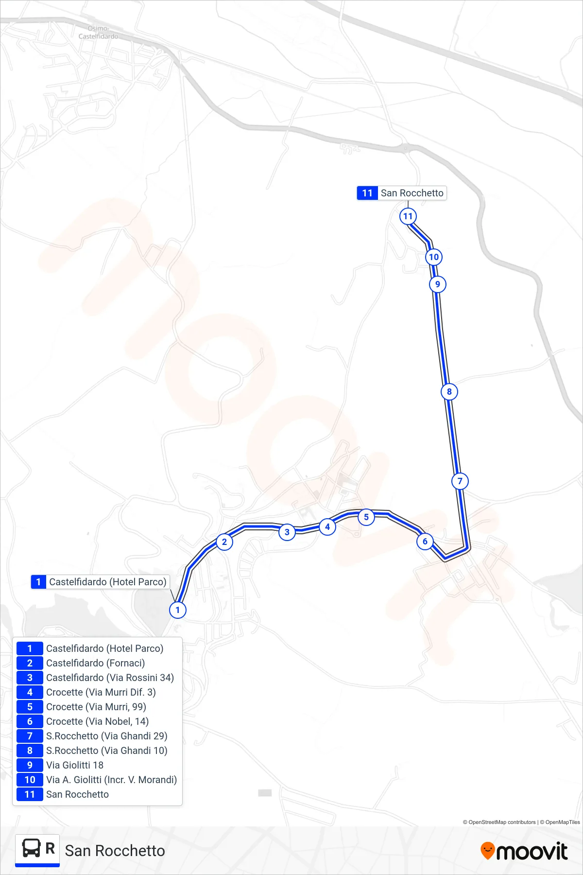 Linea R bus (San Rocchetto) - Percorsi e fermate sulla mappa
