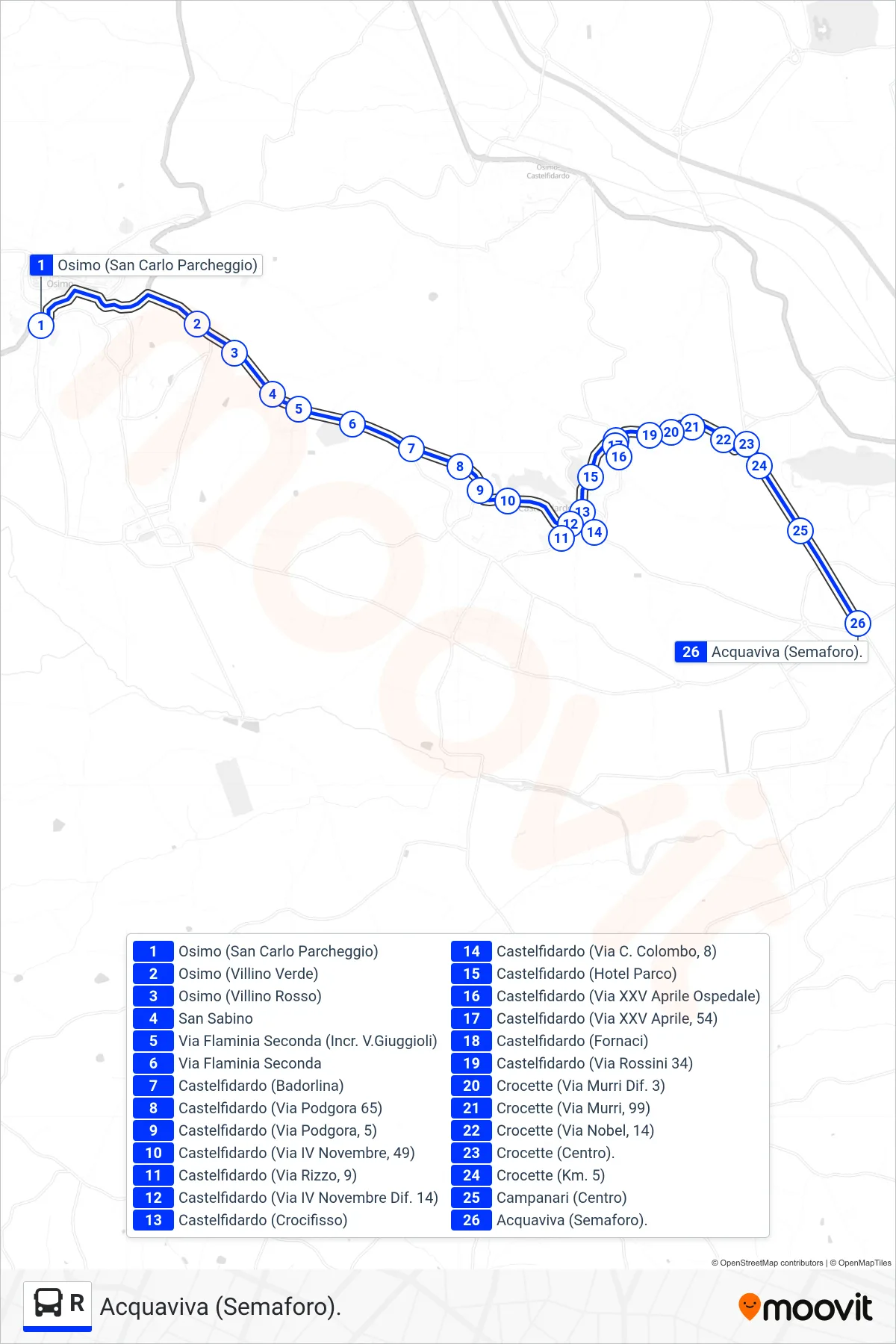 Linea R bus (Acquaviva (Semaforo).) - Percorsi e fermate sulla mappa
