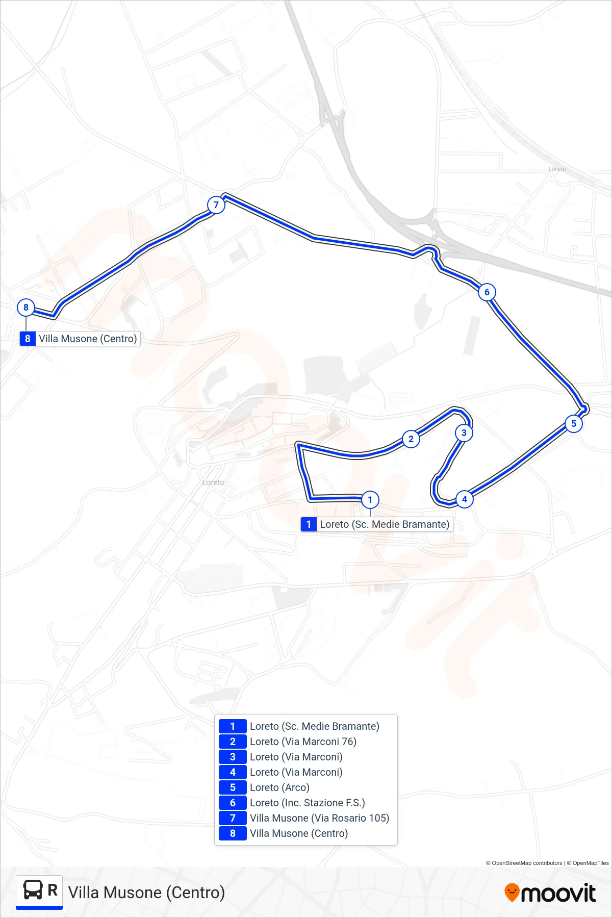 Linea R bus (Villa Musone (Centro)) - Percorsi e fermate sulla mappa