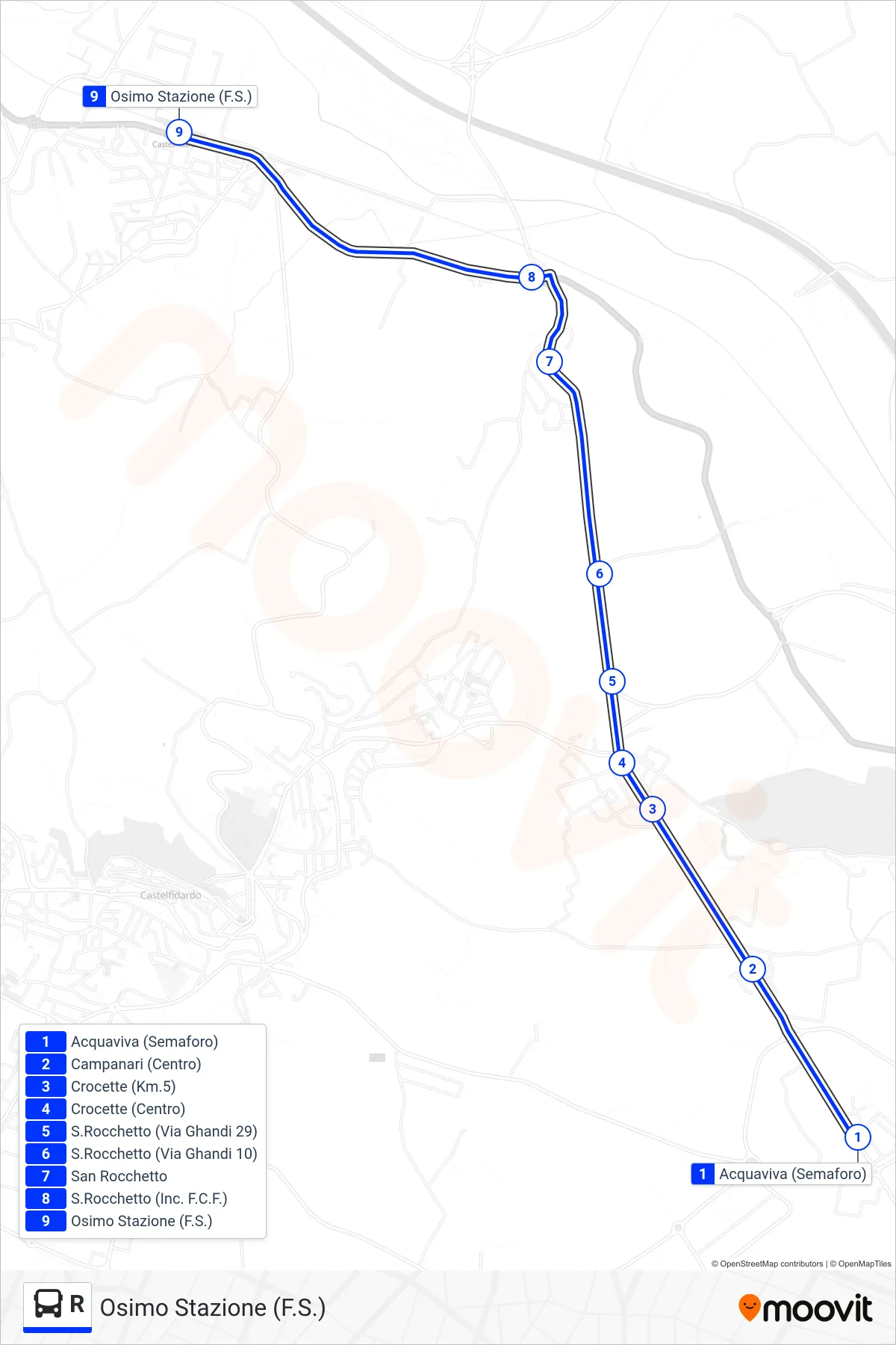Linea R bus (Osimo Stazione (F.S.)) - Percorsi e fermate sulla mappa