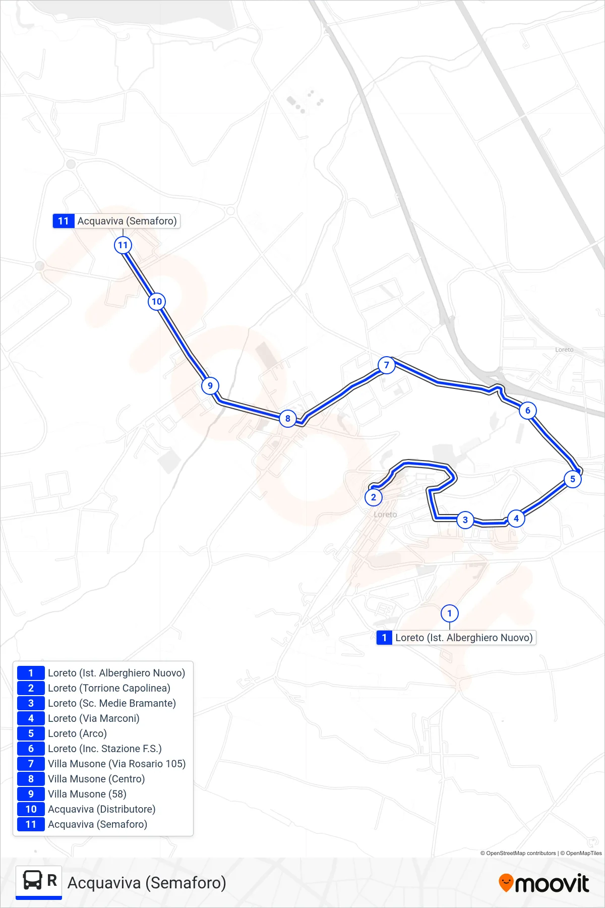 Linea R bus (Acquaviva (Semaforo)) - Percorsi e fermate sulla mappa