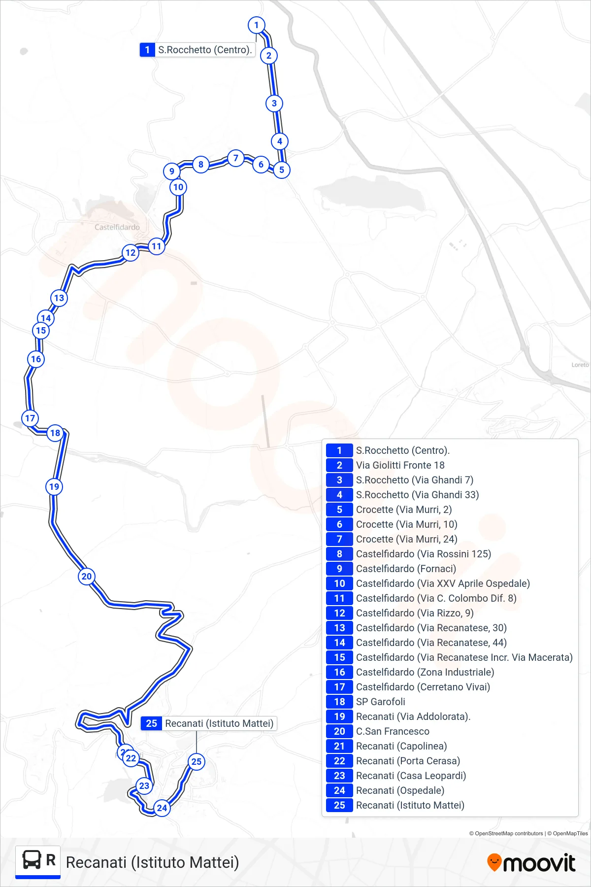 Linea R  bus (Recanati (Istituto Mattei)) - Percorsi e fermate sulla mappa