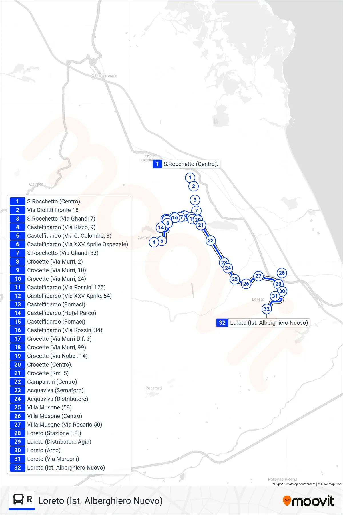 Linea R  bus (Loreto  (Ist. Alberghiero Nuovo)) - Percorsi e fermate sulla mappa