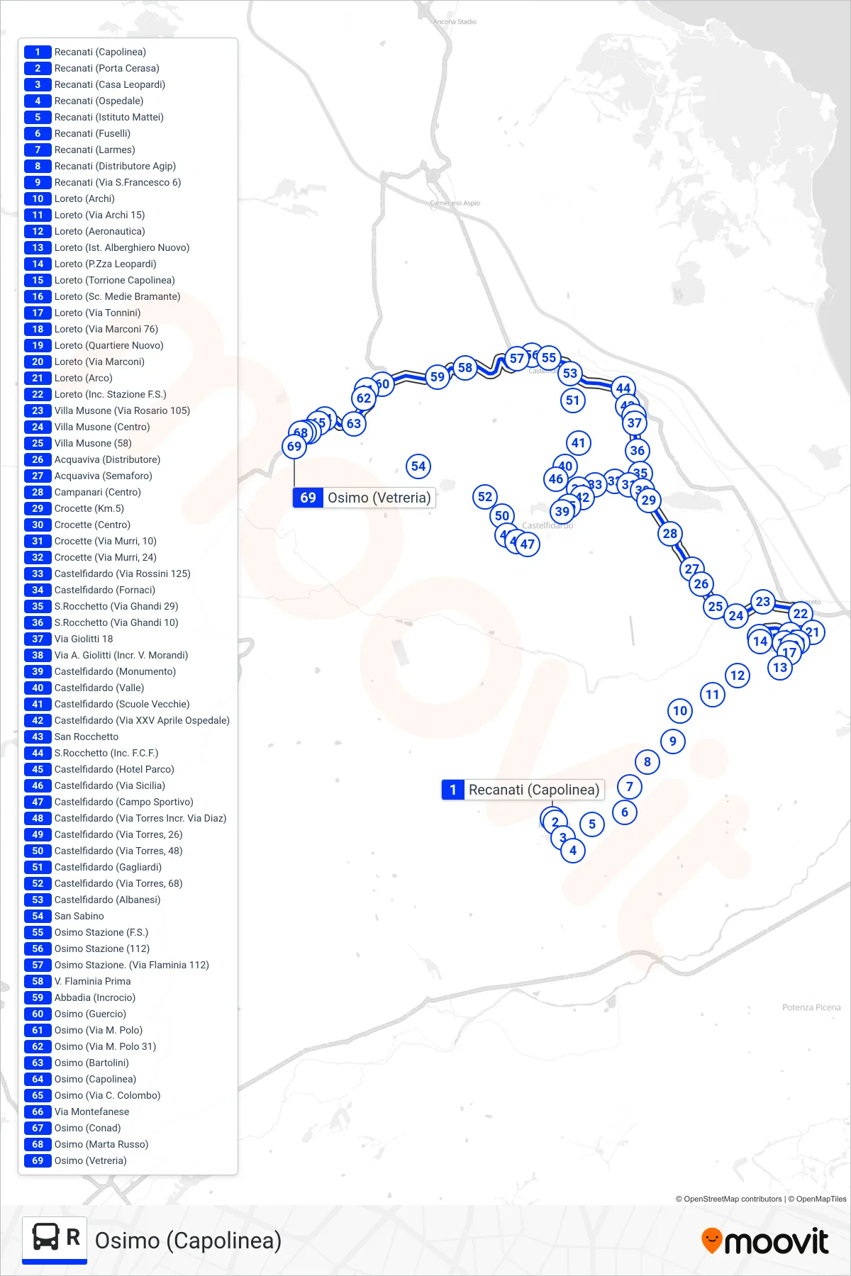 Linea R bus (Osimo (Capolinea)) - Percorsi e fermate sulla mappa