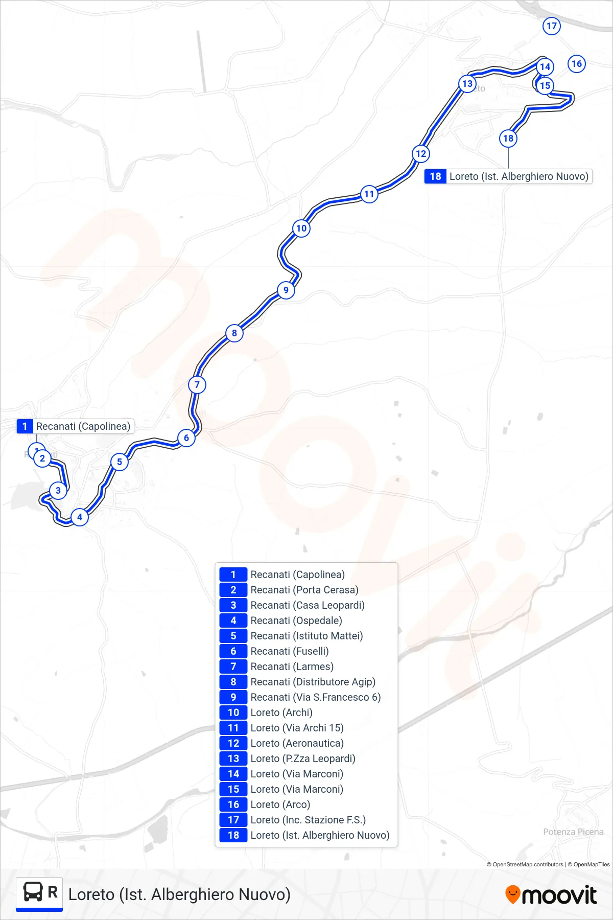 Linea R  bus (Loreto  (Ist. Alberghiero Nuovo)) - Percorsi e fermate sulla mappa