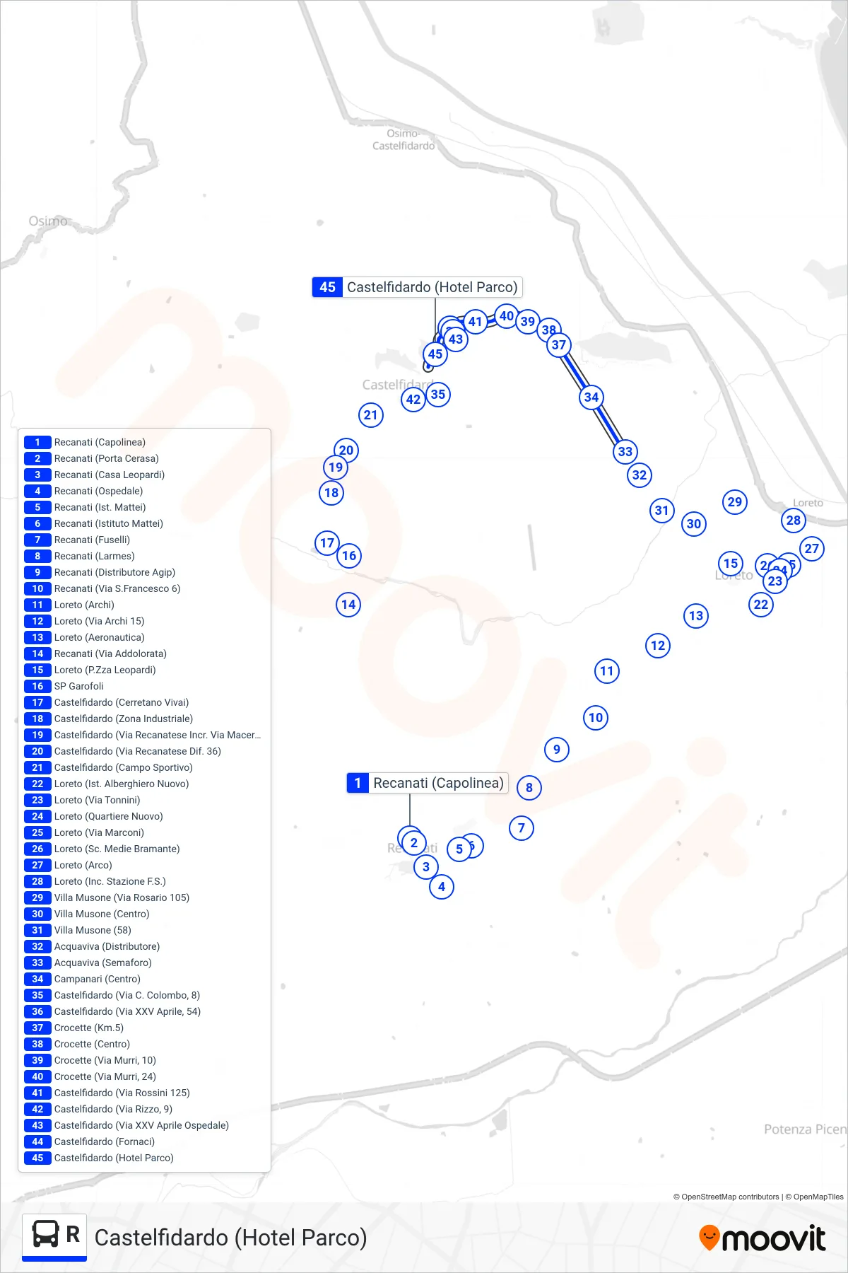 Linea R bus (Castelfidardo (Hotel Parco)) - Percorsi e fermate sulla mappa