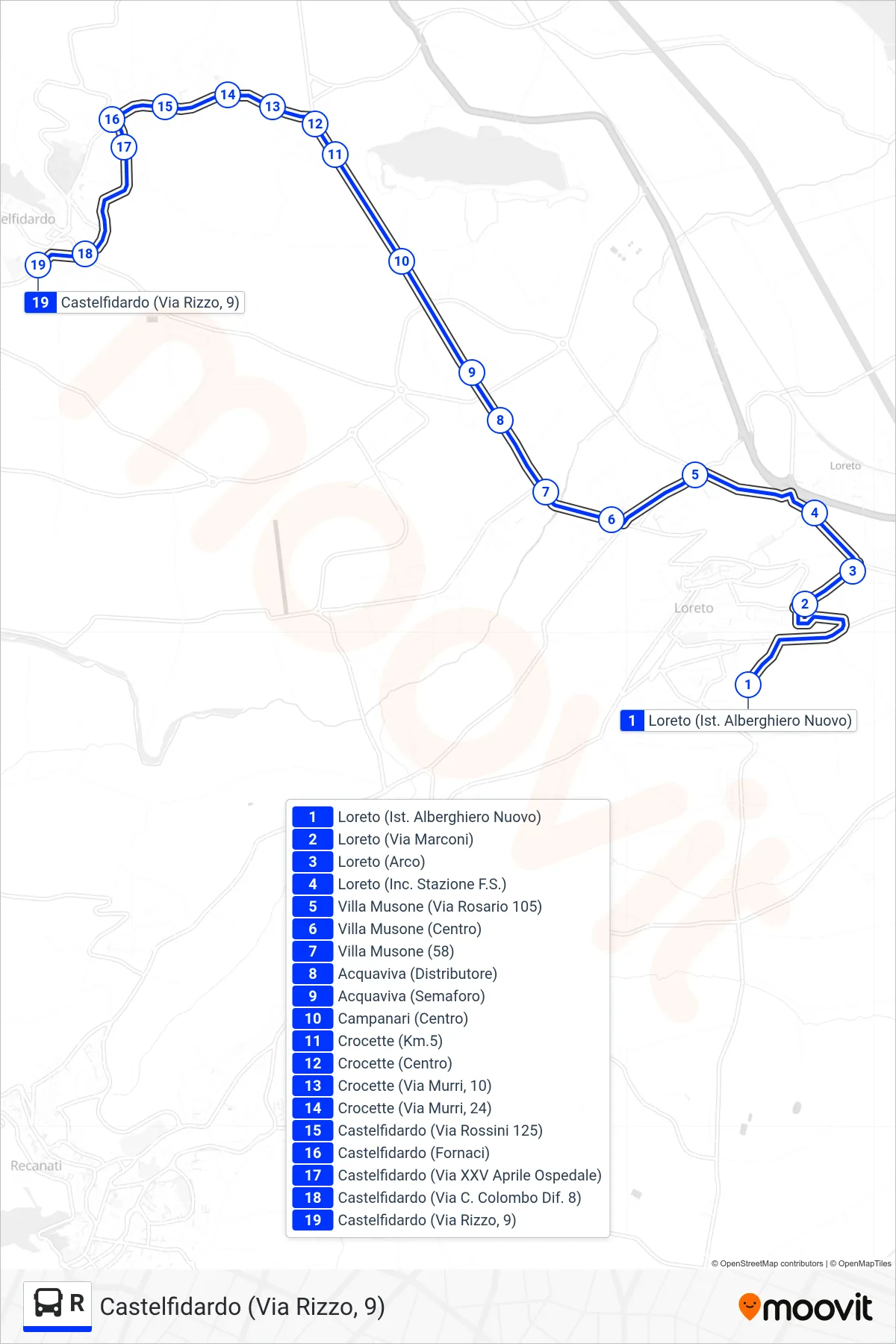 Linea R bus (Castelfidardo (Via Rizzo, 9)) - Percorsi e fermate sulla mappa